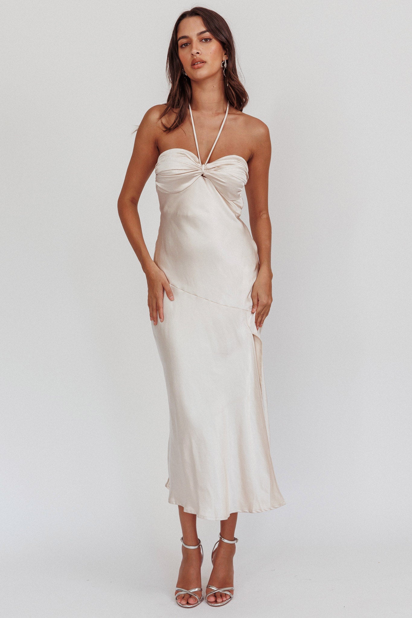 Kindred Spirit Strapless Gathered Bust Midi Dress Champagne by Selfie Leslie
