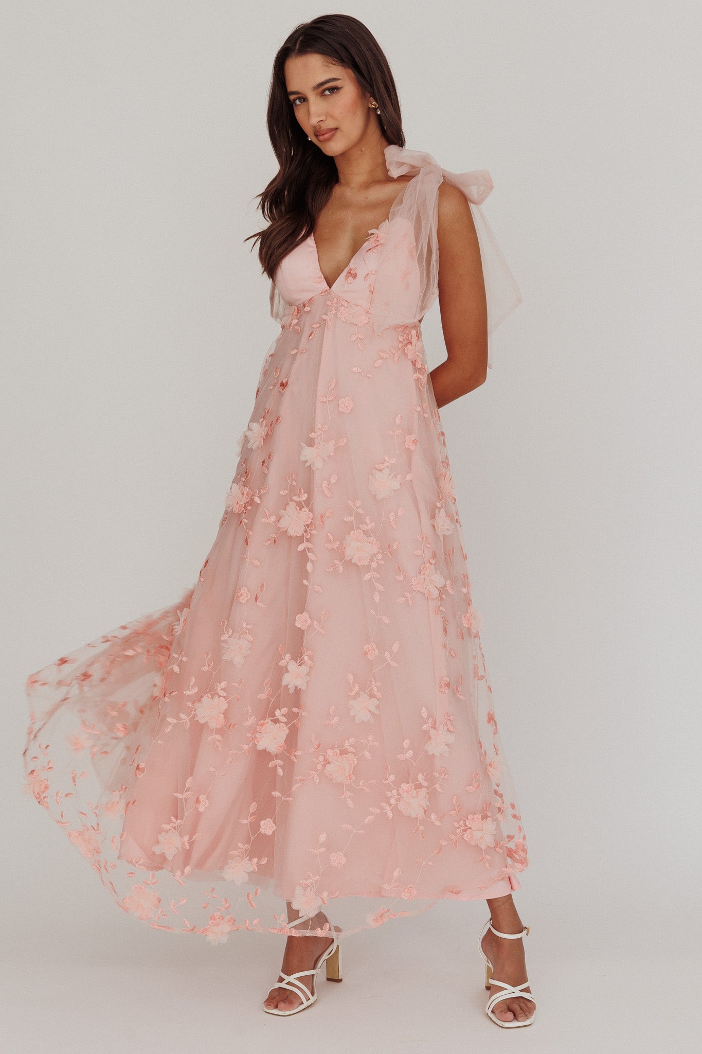 Chantilly Tied Shoulder Maxi Dress Blush by Selfie Leslie