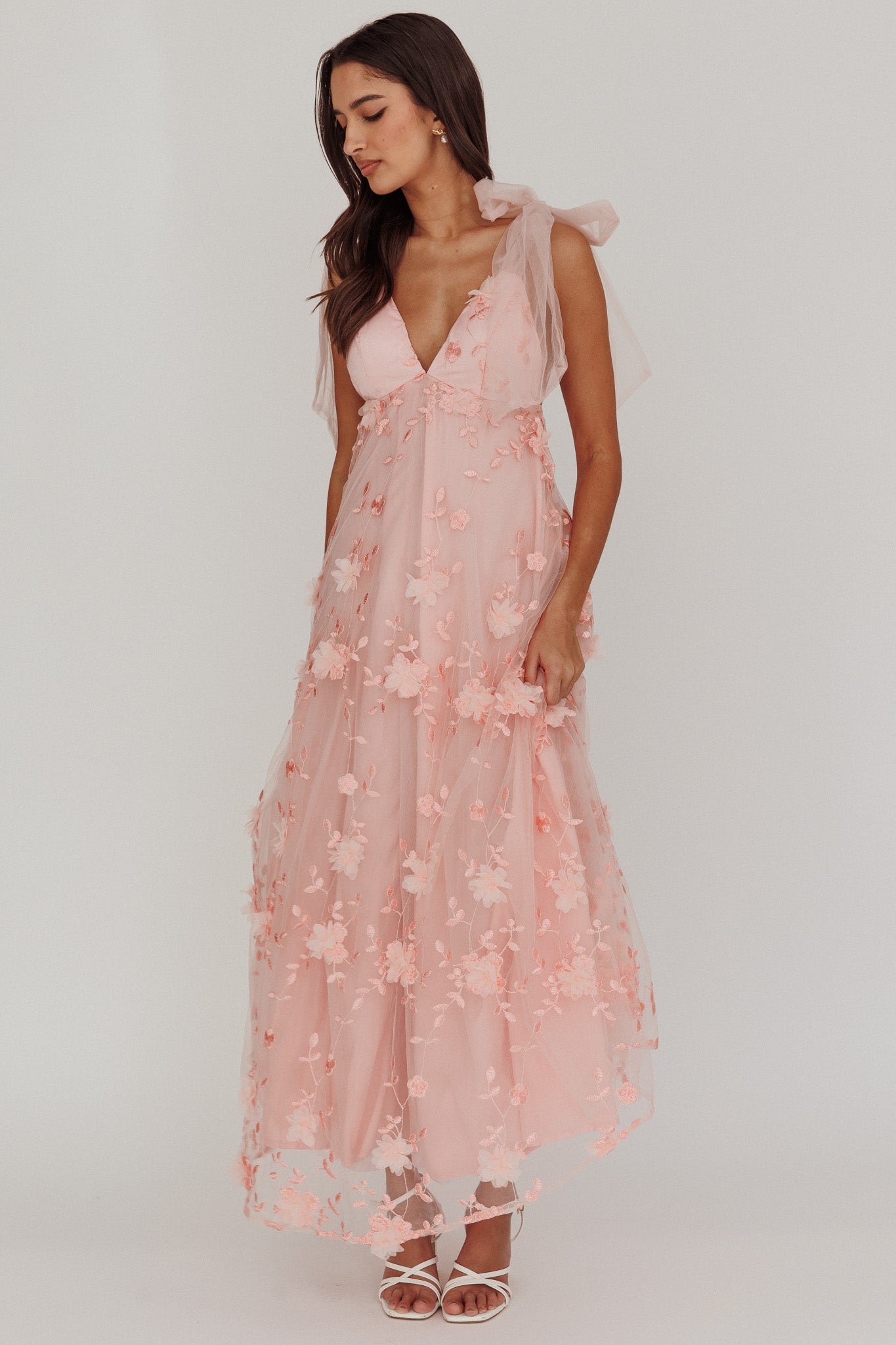 Chantilly Tied Shoulder Maxi Dress Blush by Selfie Leslie