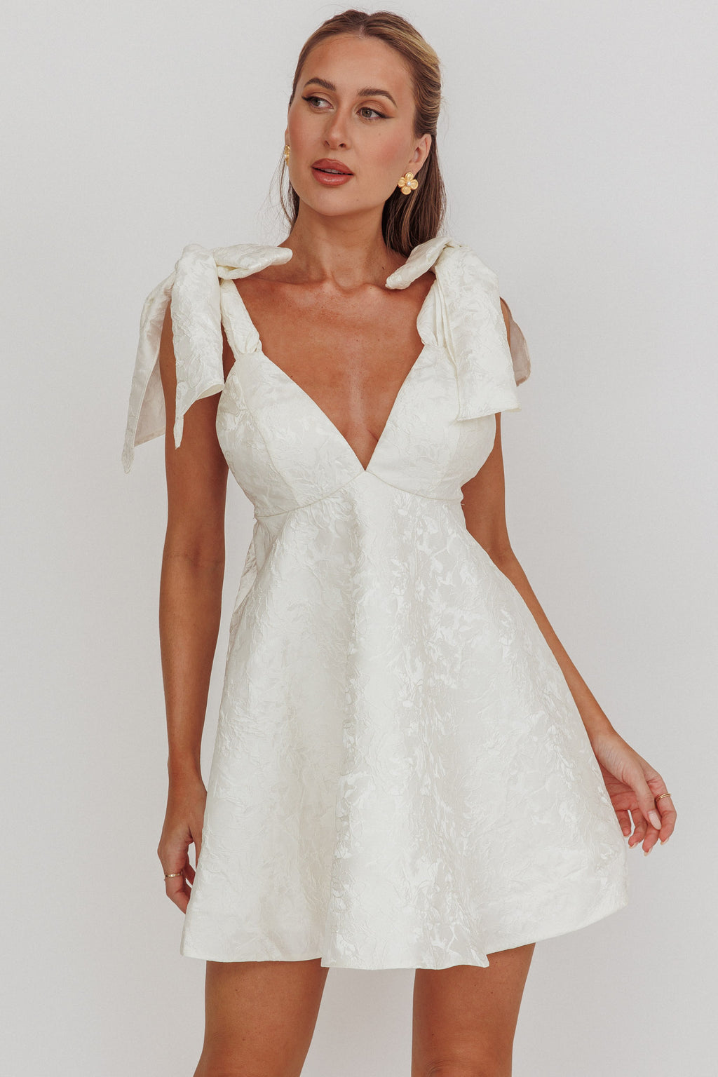 Chantilly Tied Shoulder Jacquard Mini Dress White by Selfie Leslie