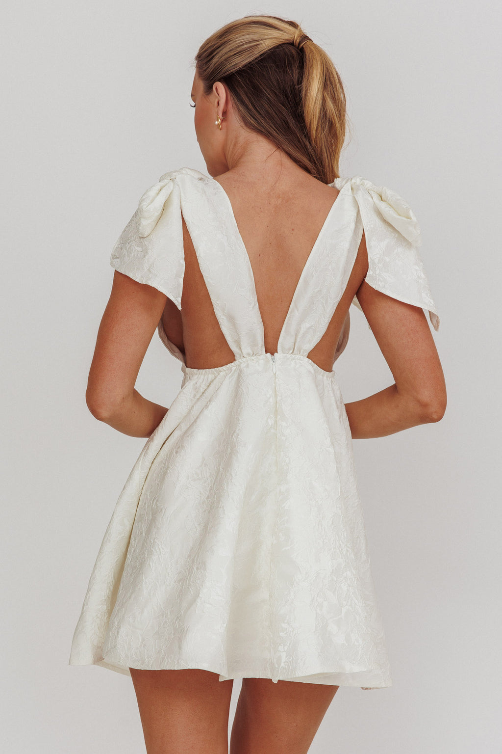 Chantilly Tied Shoulder Jacquard Mini Dress White by Selfie Leslie
