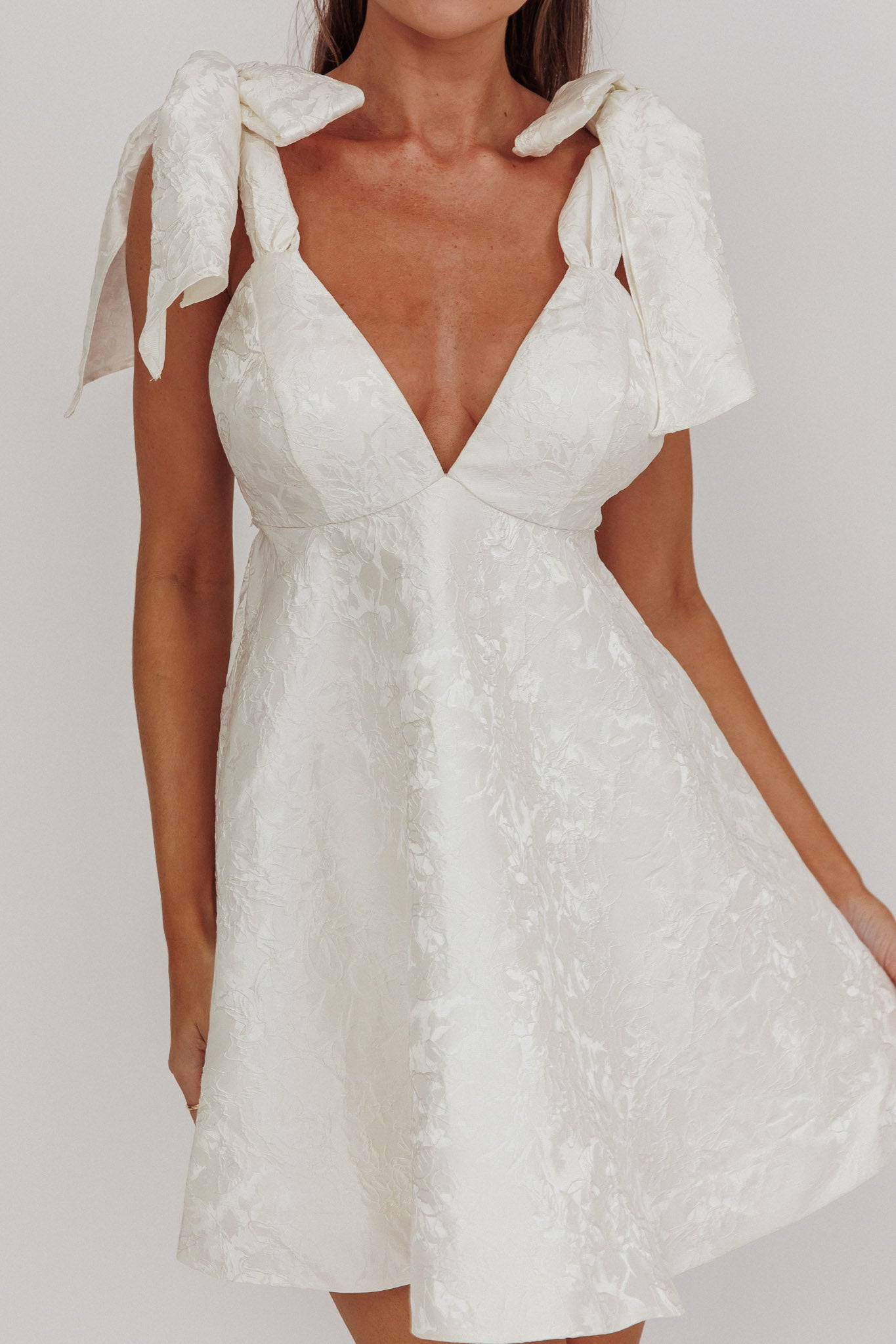 Chantilly Tied Shoulder Jacquard Mini Dress White by Selfie Leslie