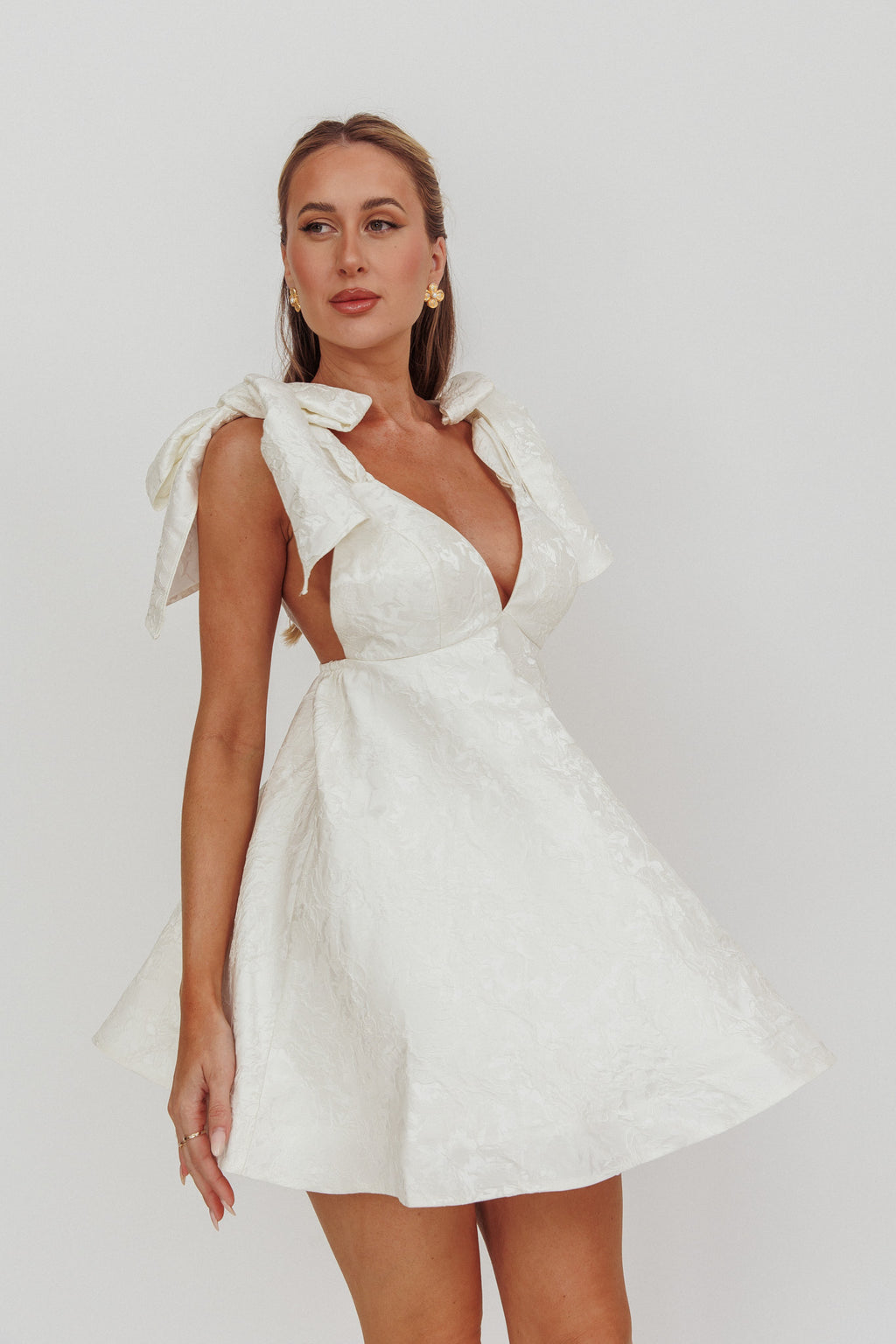 Chantilly Tied Shoulder Jacquard Mini Dress White by Selfie Leslie