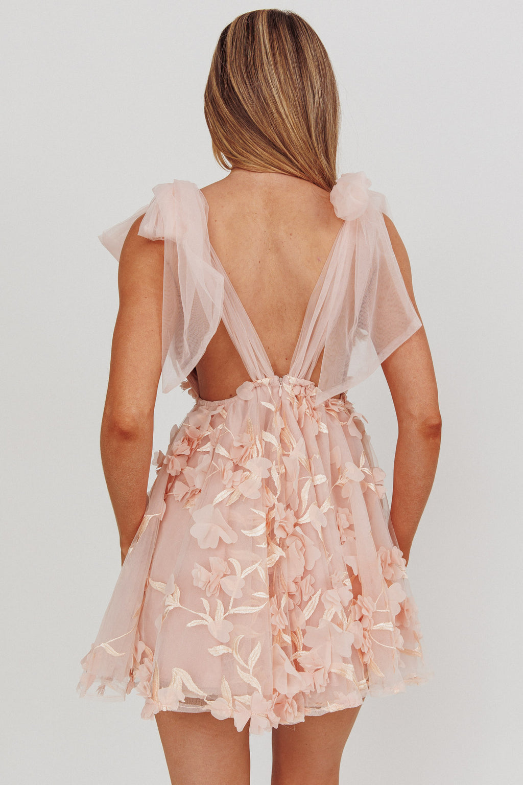 Chantilly Tied Shoulder Mini Dress Floral Embellished Pink by Selfie Leslie