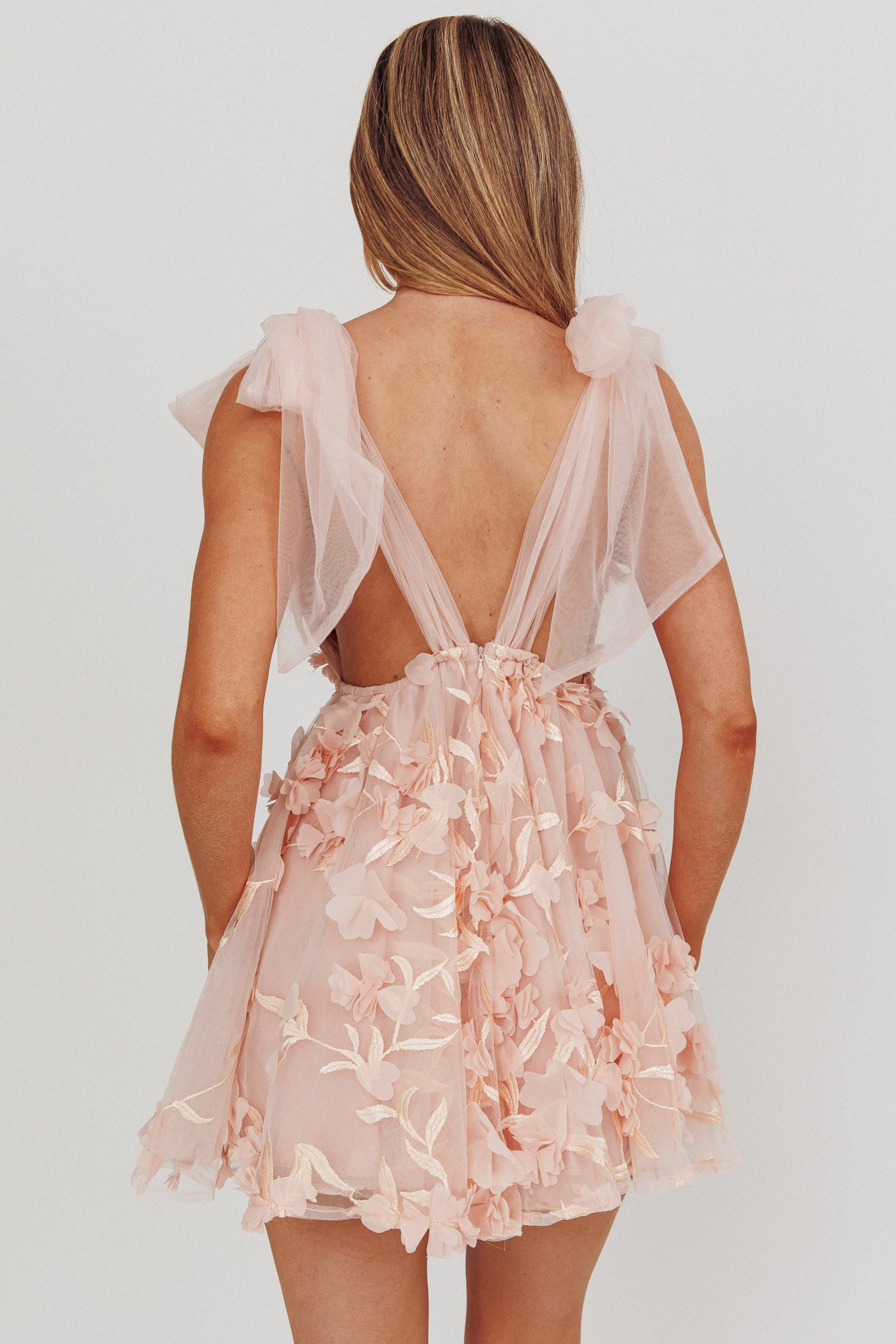 Chantilly Tied Shoulder Mini Dress Floral Embellished Pink by Selfie Leslie