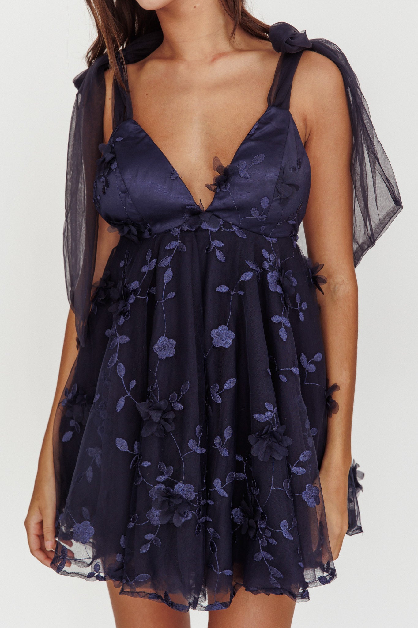 Chantilly Tied Shoulder Mini Dress Navy by Selfie Leslie