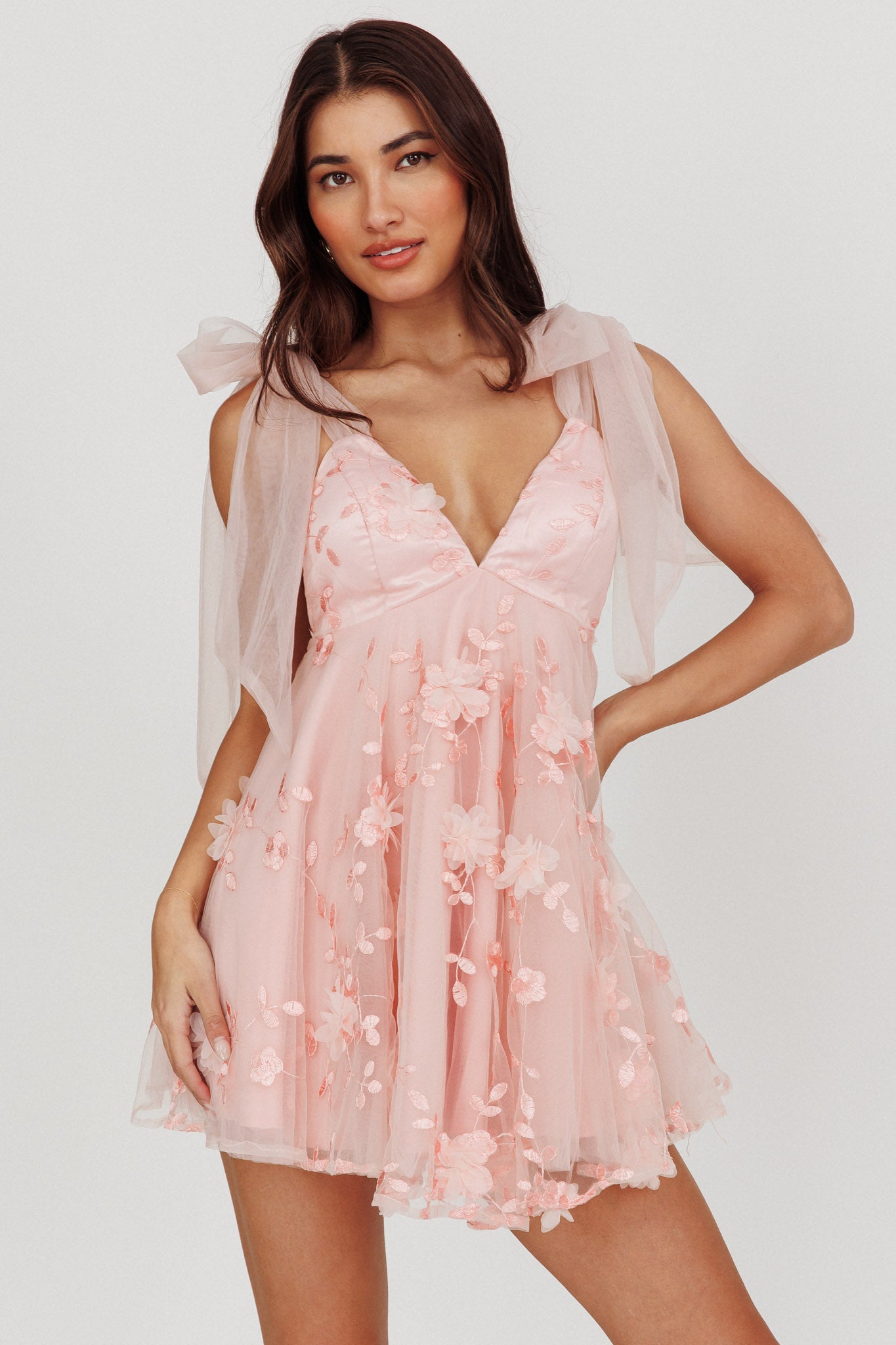 Chantilly Tied Shoulder Mini Dress Pink by Selfie Leslie