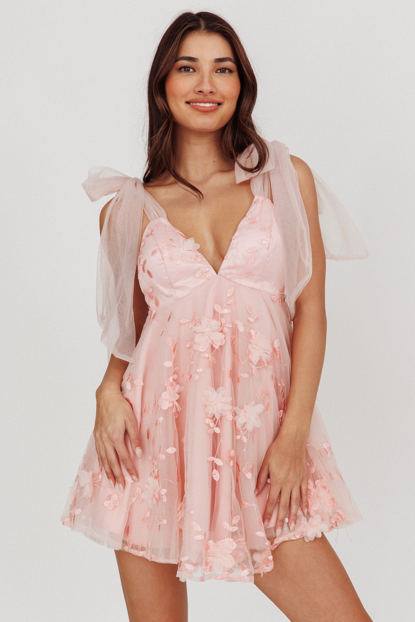 Chantilly Tied Shoulder Mini Dress Pink by Selfie Leslie