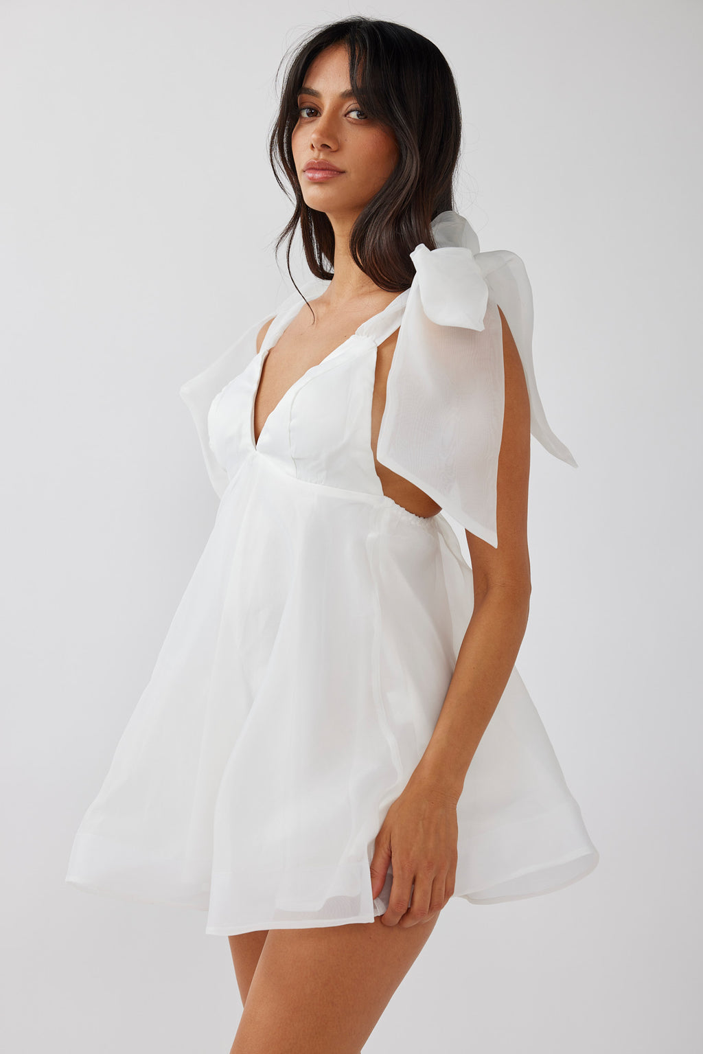 Chantilly Tied Shoulder Mini Dress Solid White by Selfie Leslie