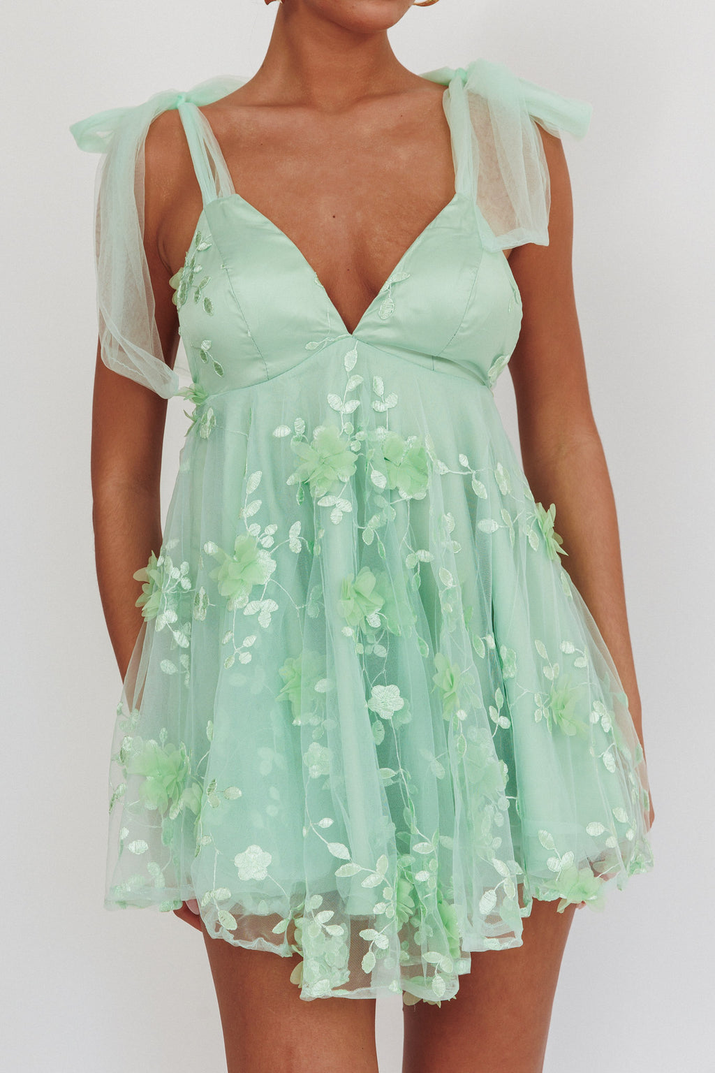 Chantilly Tied Shoulder Mini Dress Sage by Selfie Leslie