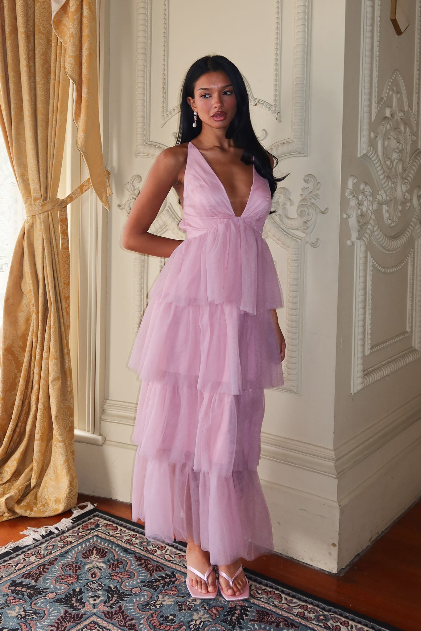 Auguste Tiered Frill Midi Dress Blush– Selfie Leslie