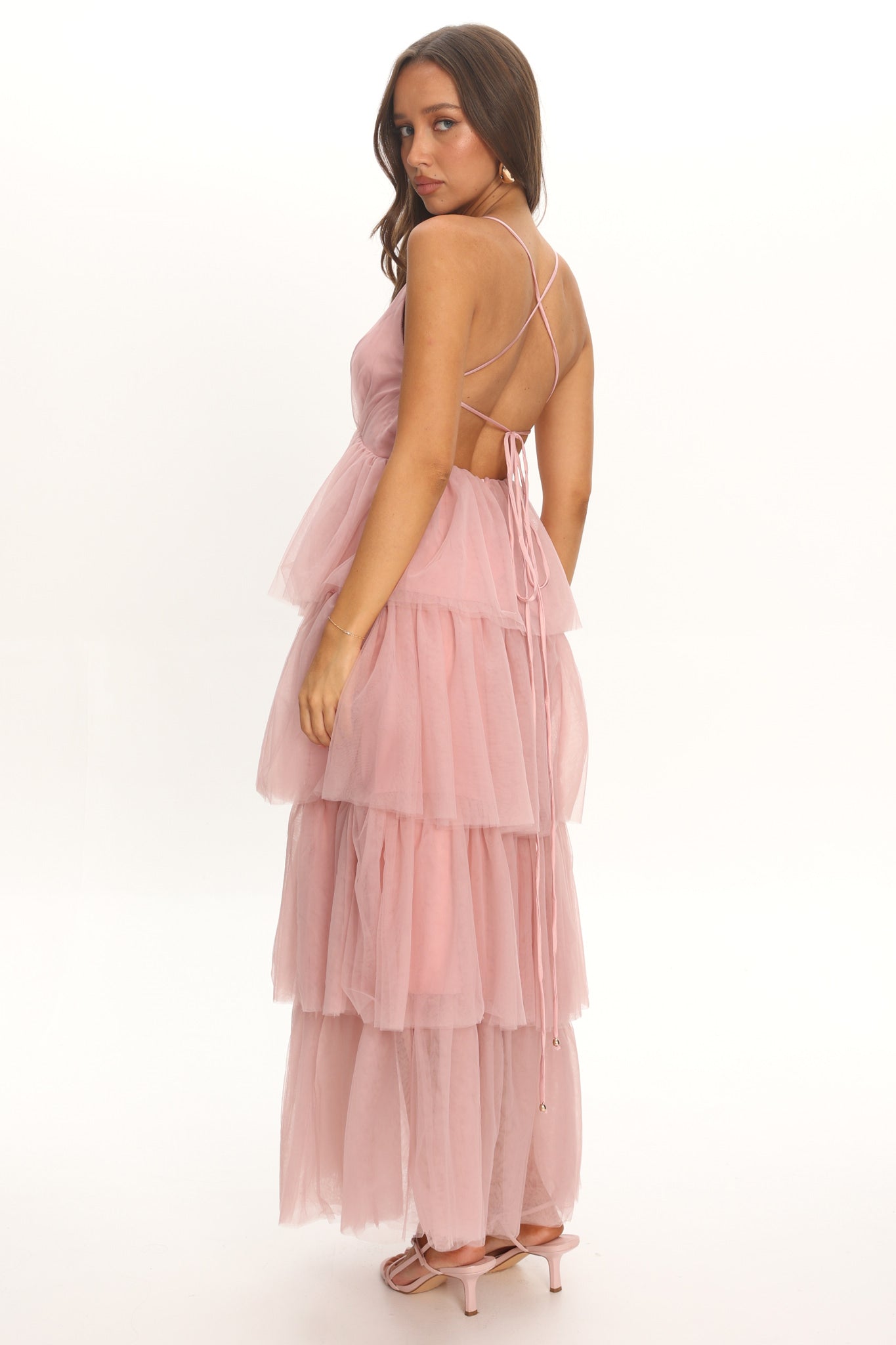 Auguste Tiered Frill Midi Dress Blush– Selfie Leslie