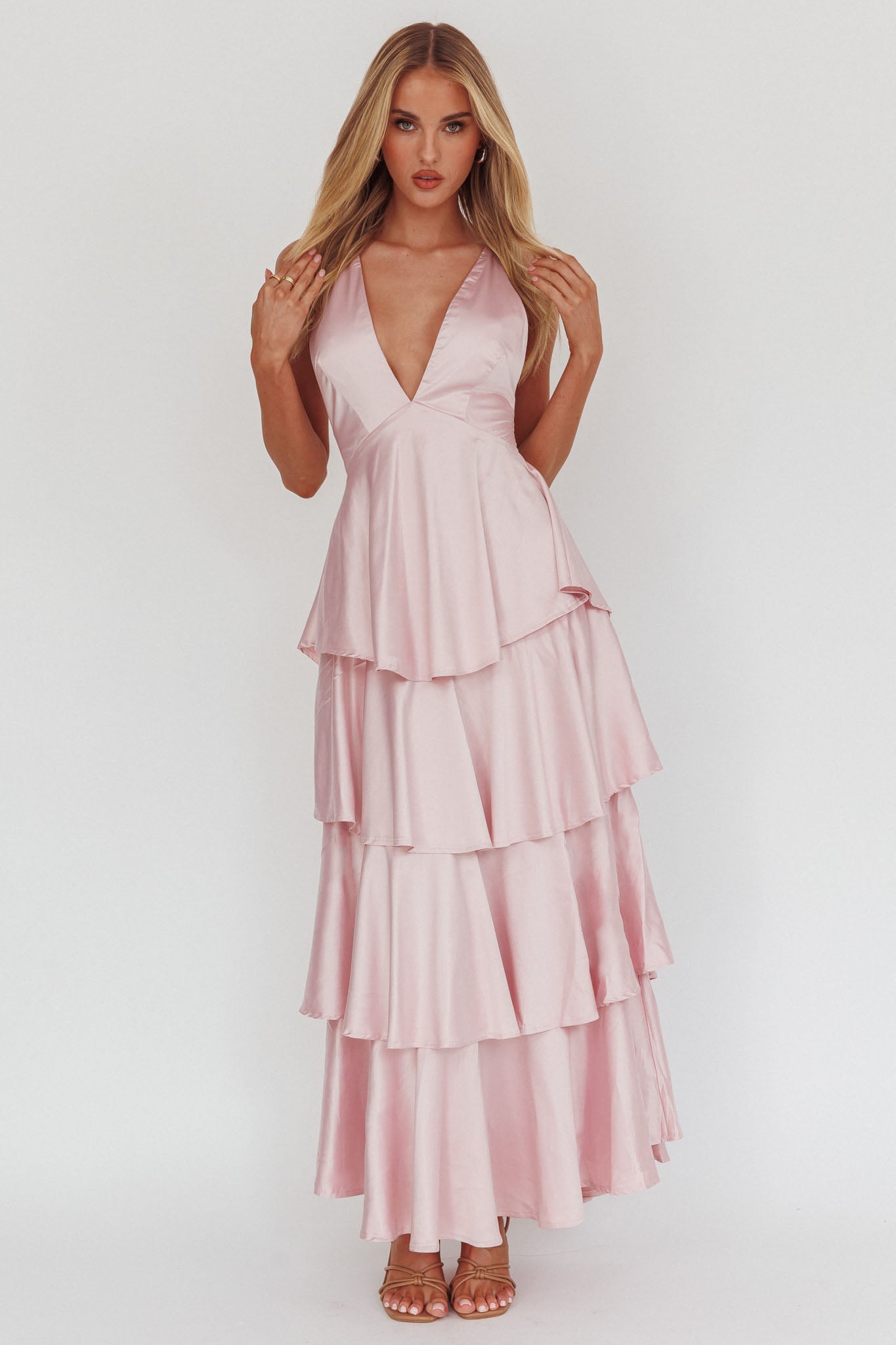 Auguste Tiered Frill Strappy Back Dress Blush– Selfie Leslie