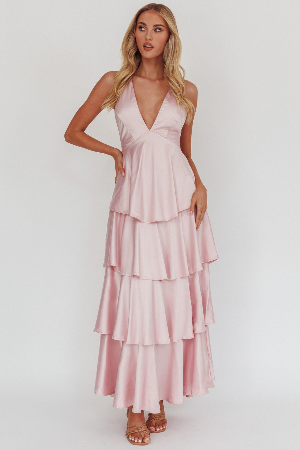 Auguste Tiered Frill Strappy Back Dress Blush by Selfie Leslie
