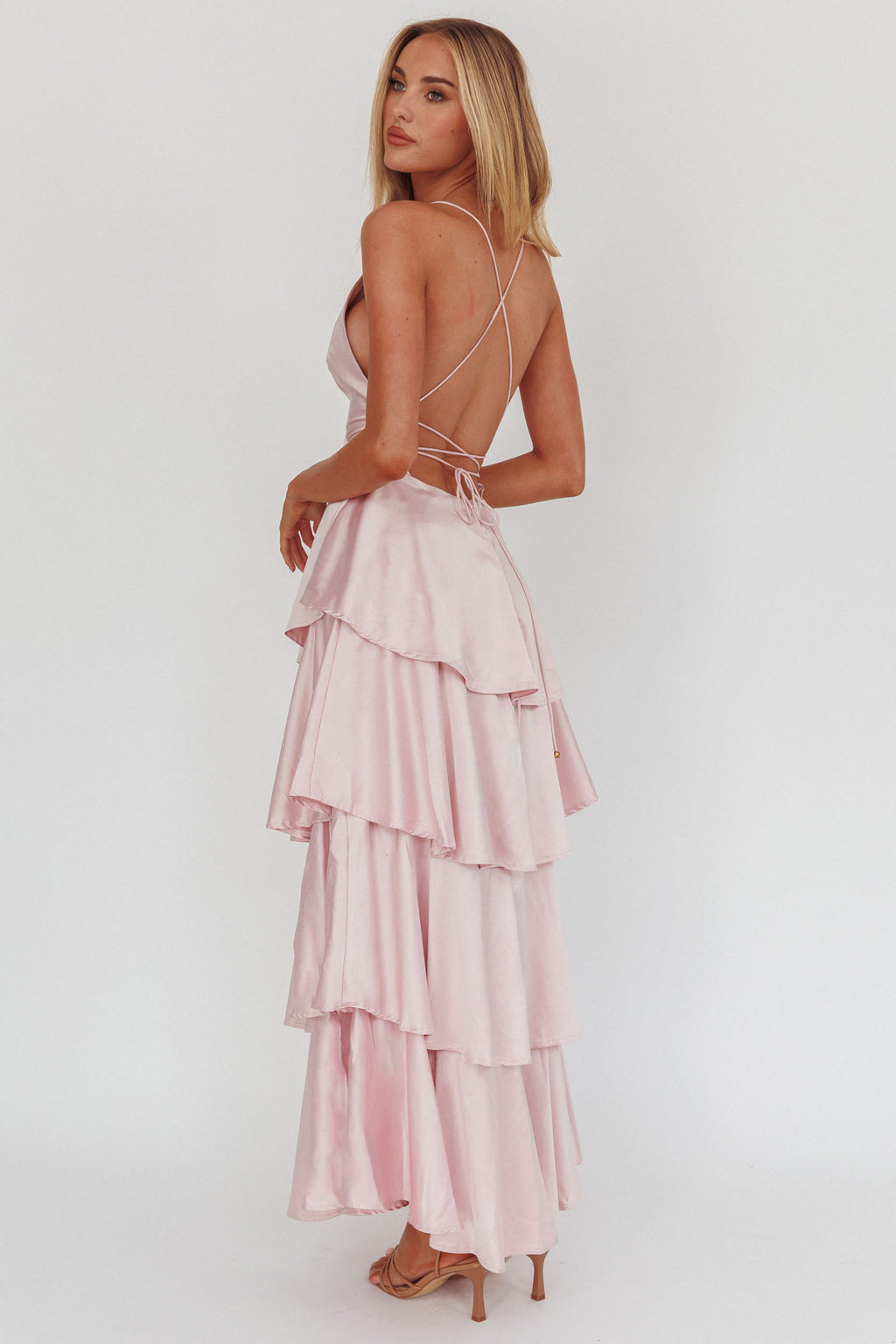 Auguste Tiered Frill Strappy Back Dress Blush by Selfie Leslie