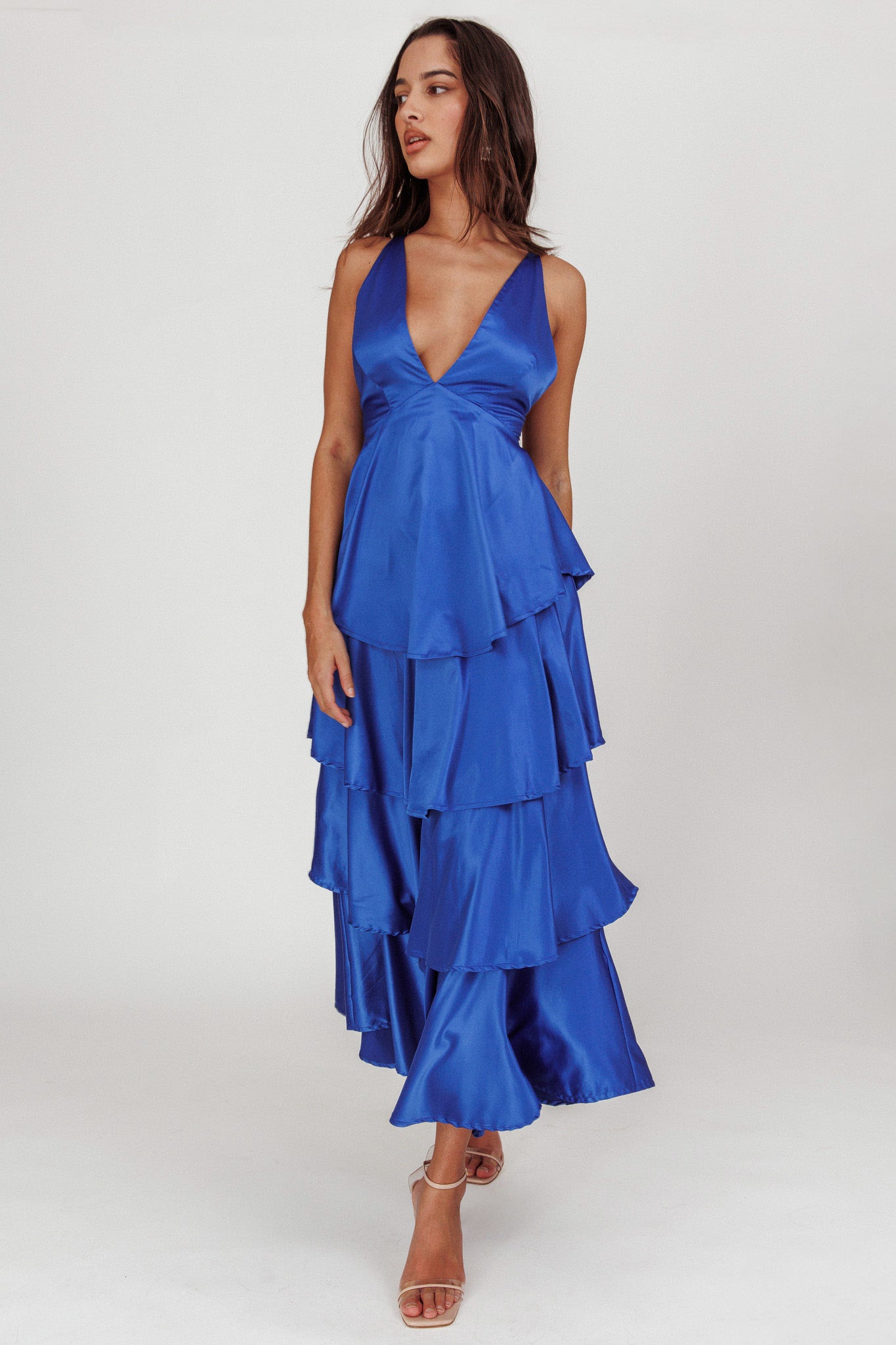 Auguste Tiered Frill Strappy Back Dress Electric Blue by Selfie Leslie
