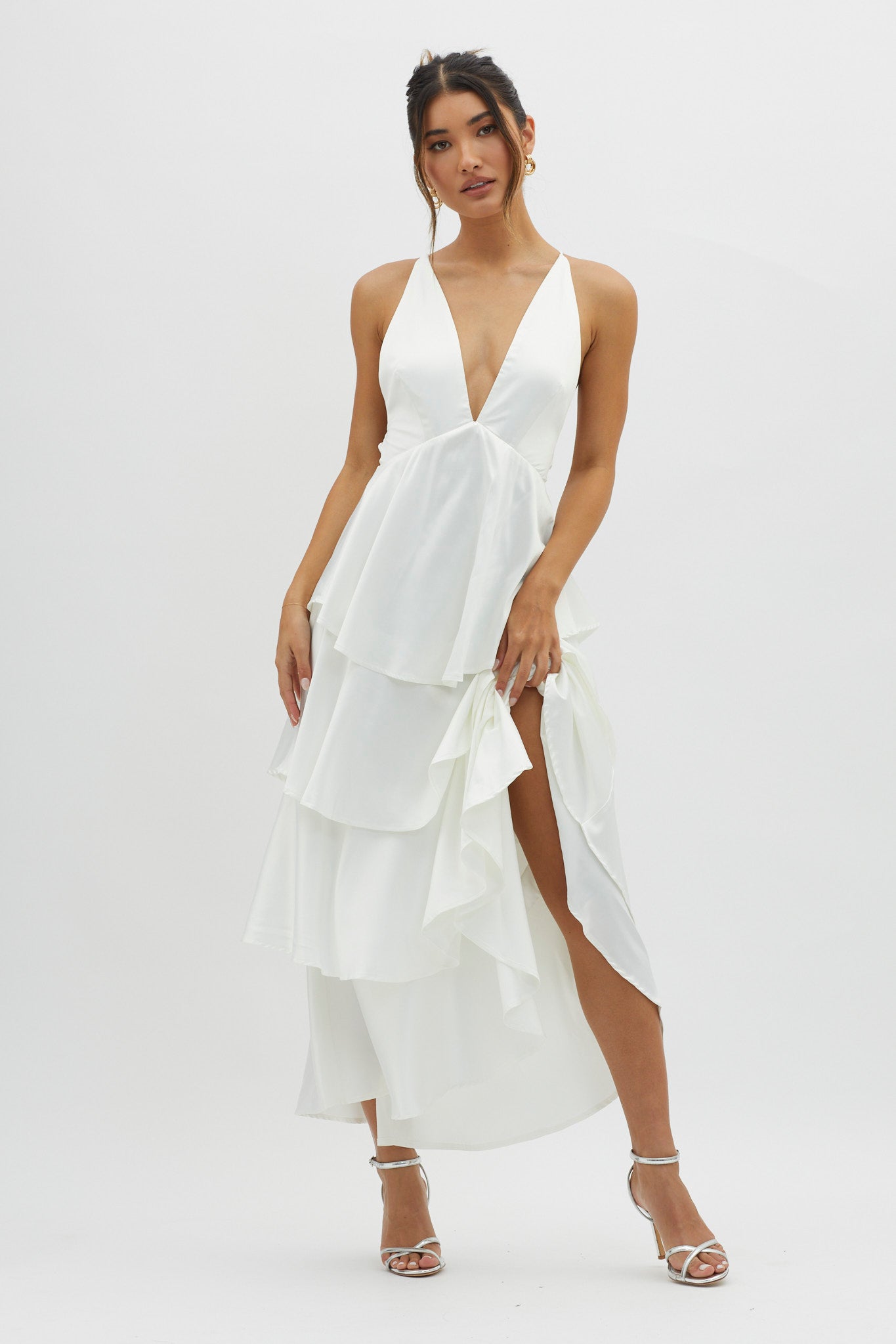 Auguste Tiered Frill Strappy Back Dress Ivory– Selfie Leslie