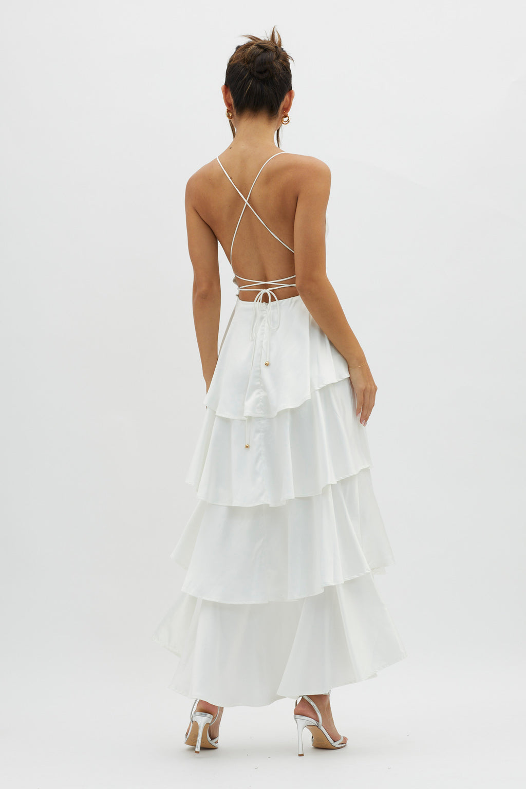 Auguste Tiered Frill Strappy Back Dress Ivory by Selfie Leslie