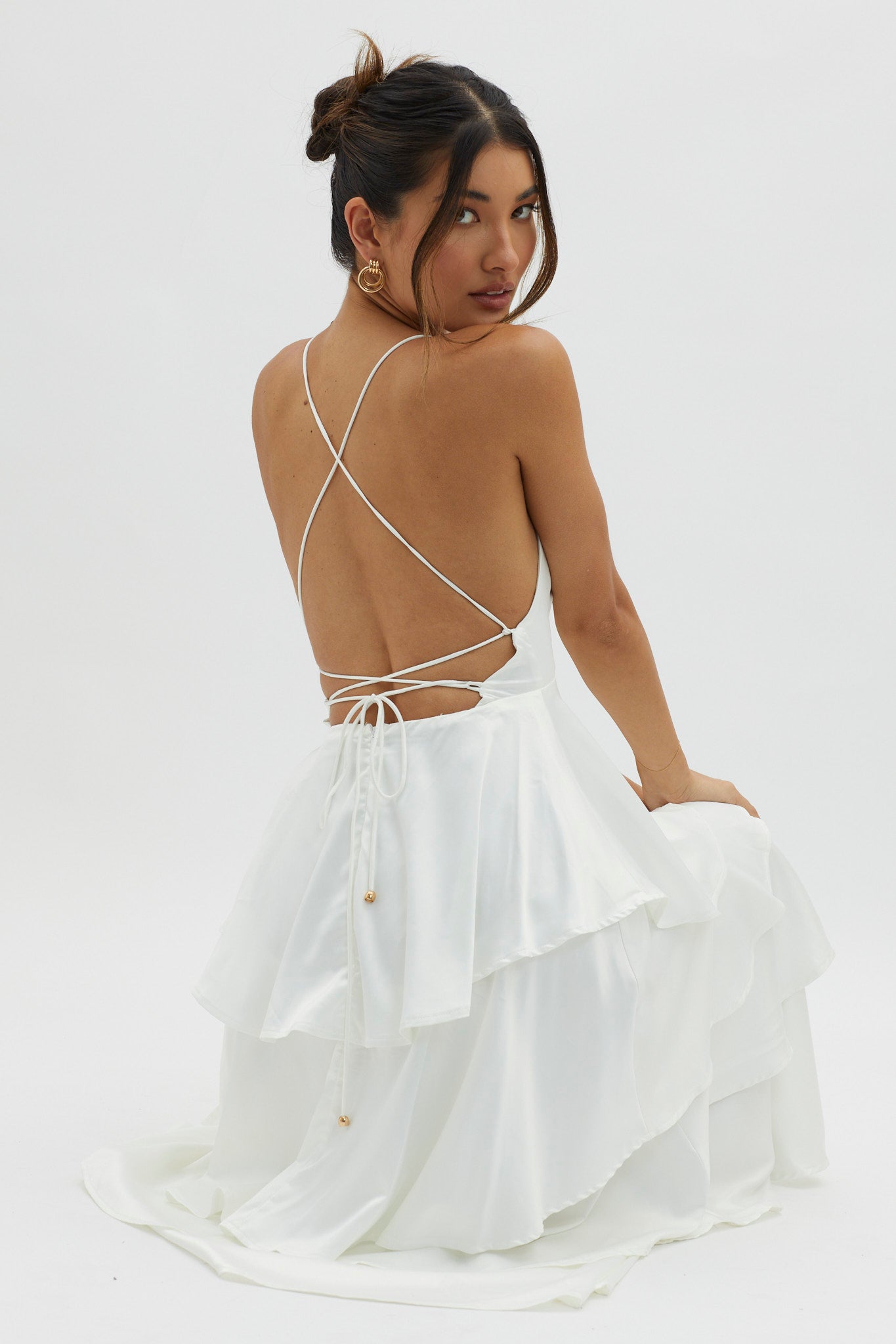 Auguste Tiered Frill Strappy Back Dress Ivory– Selfie Leslie