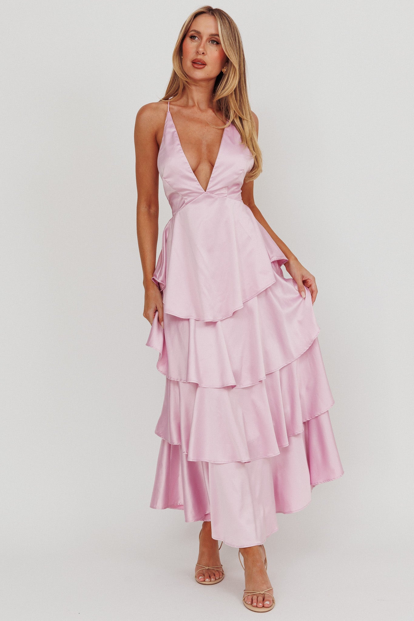Shop the Auguste Tiered Frill Strappy Back Dress Lilac