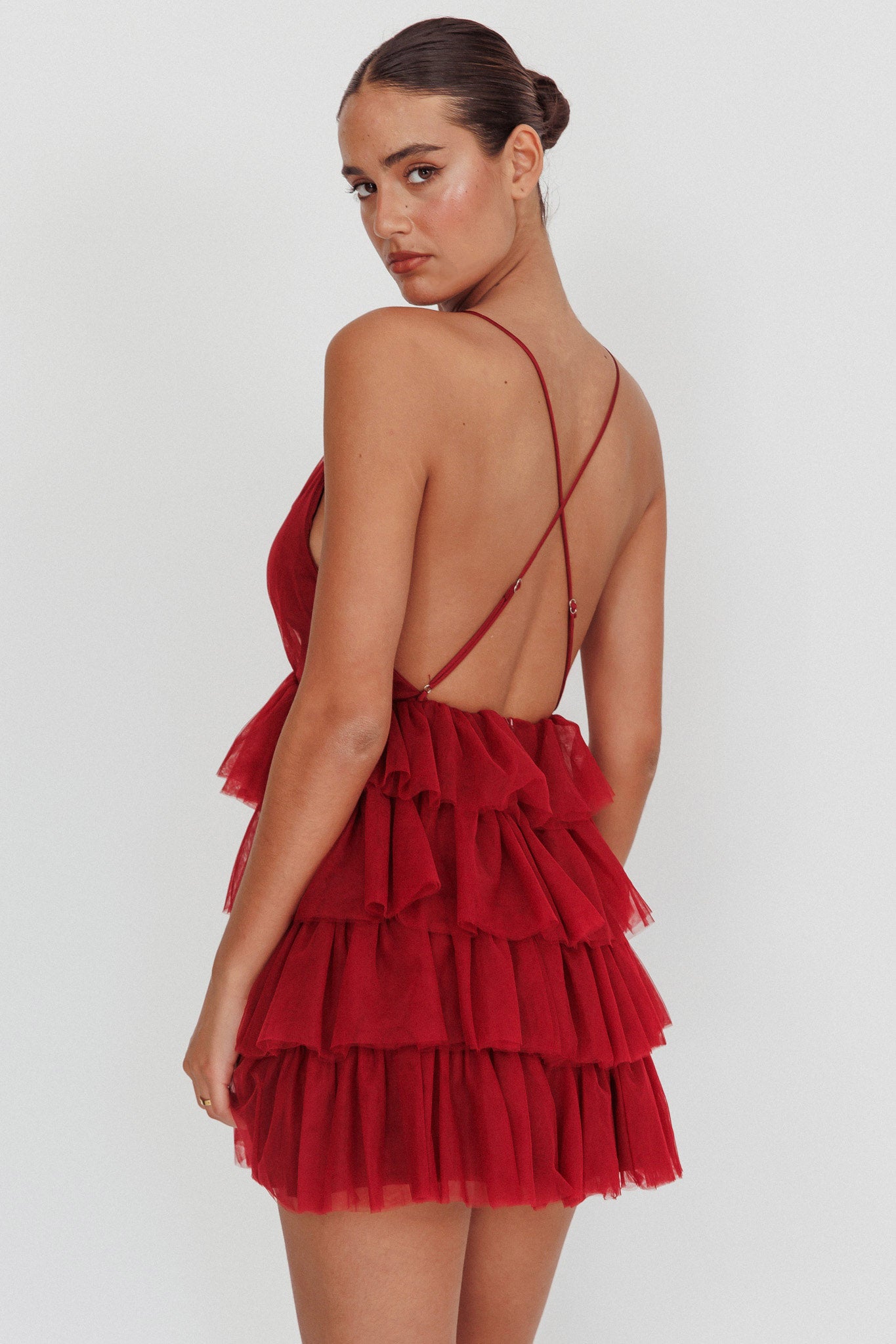 Auguste Tiered Frill Mini Dress Burgundy - XL Auguste Tiered Frill Mini Dress Burgundy - XL