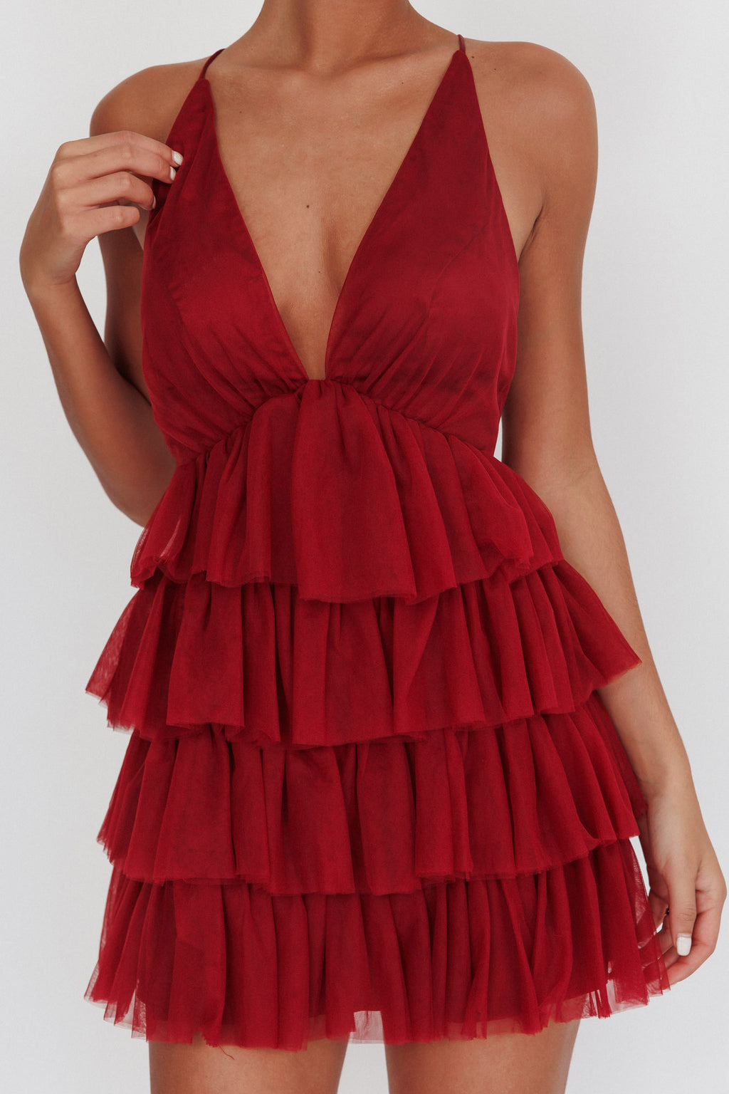 Auguste Tiered Frill Mini Dress Burgundy by Selfie Leslie