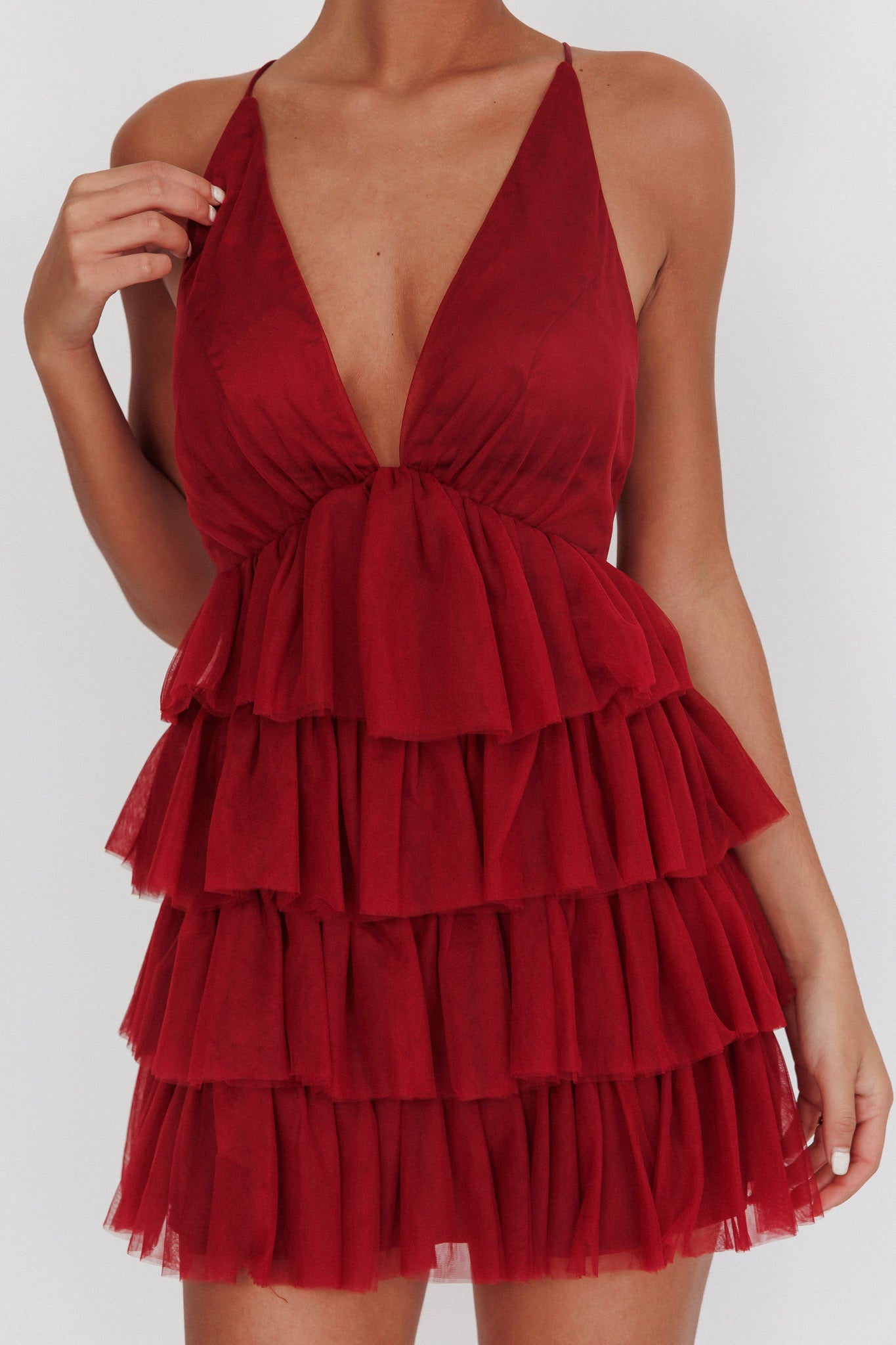 Auguste Tiered Frill Mini Dress Burgundy by Selfie Leslie