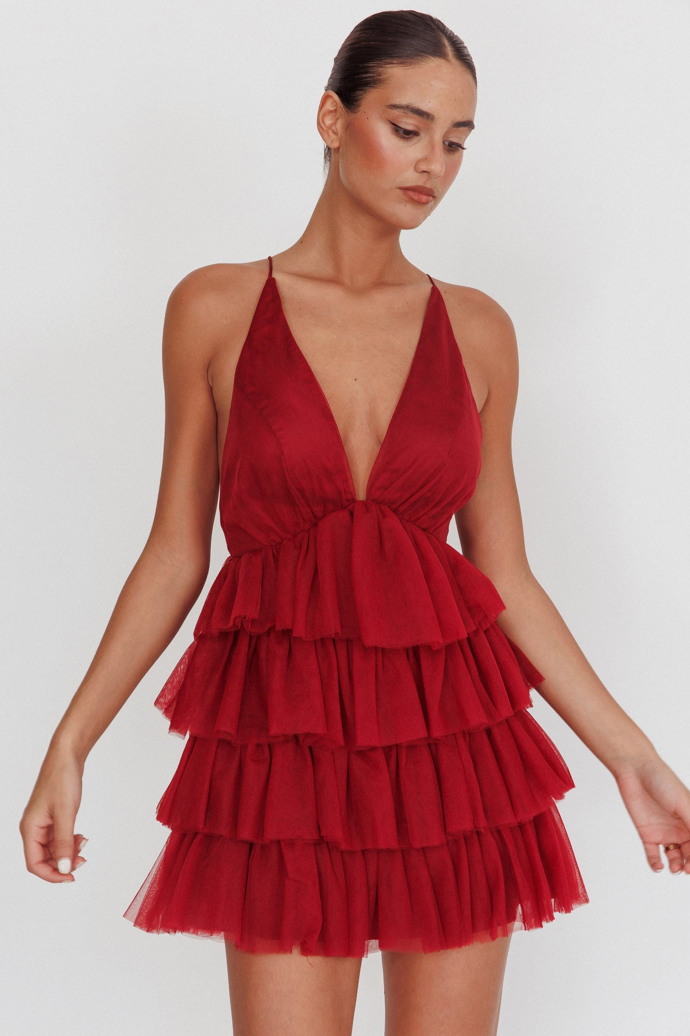 Auguste Tiered Frill Mini Dress Burgundy by Selfie Leslie