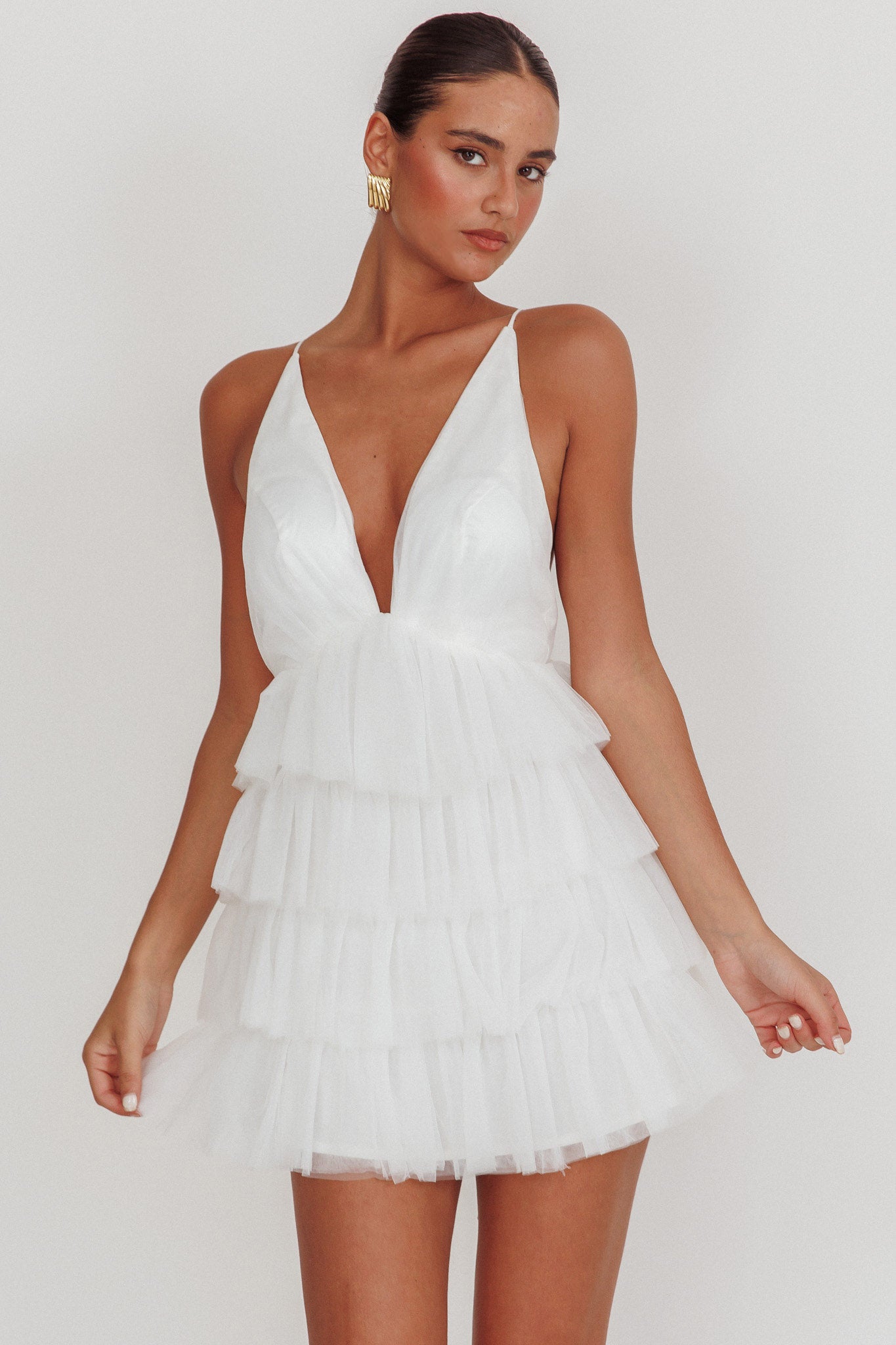 Auguste Tiered Ruffle Tulle Mini Dress White | Selfie Leslie