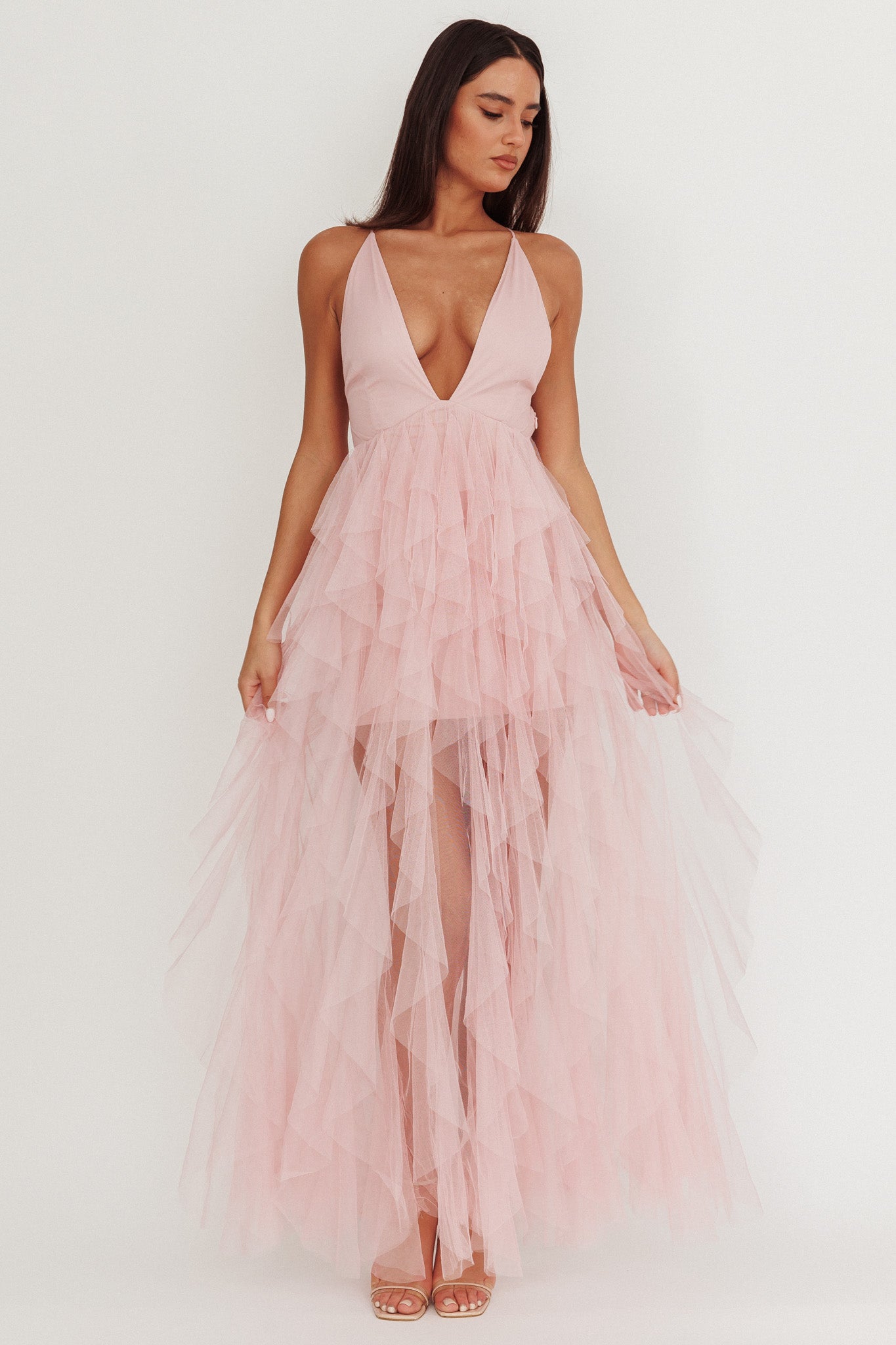 Auguste Cascading Frill Maxi Dress Blush by Selfie Leslie