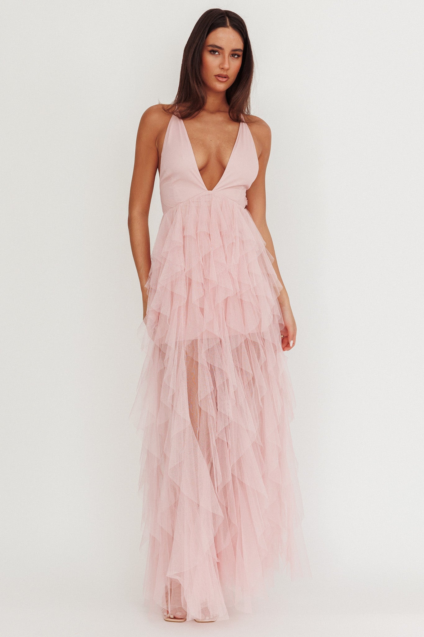 Auguste Cascading Frill Maxi Dress Blush Selfie Leslie