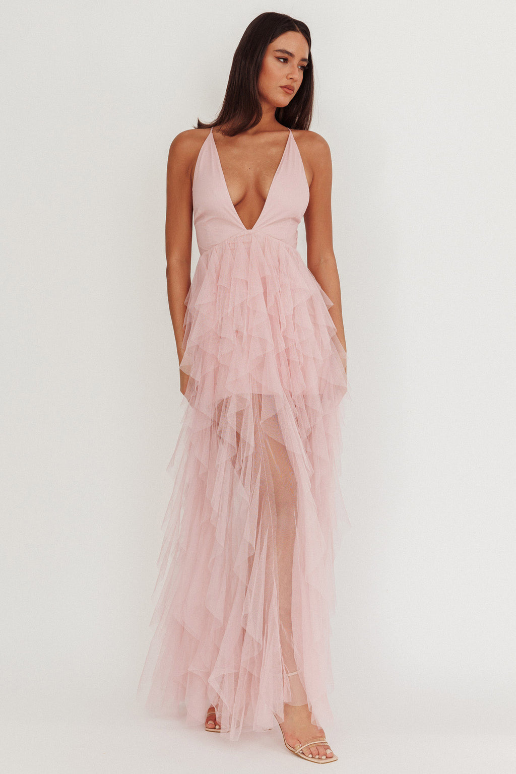 Auguste Cascading Frill Maxi Dress Blush by Selfie Leslie