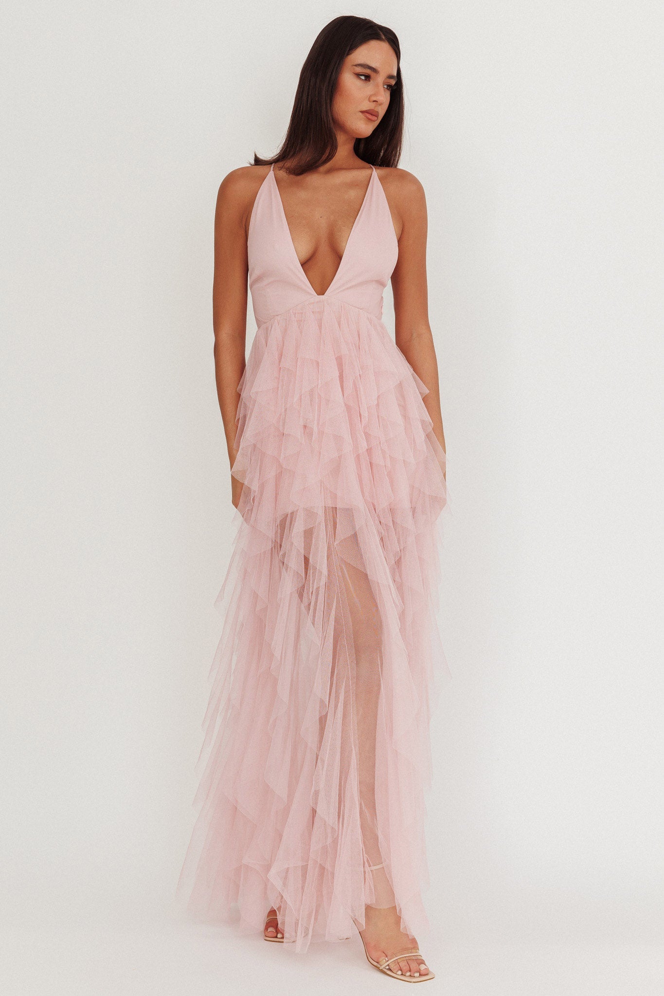 Auguste Cascading Frill Maxi Dress Blush by Selfie Leslie