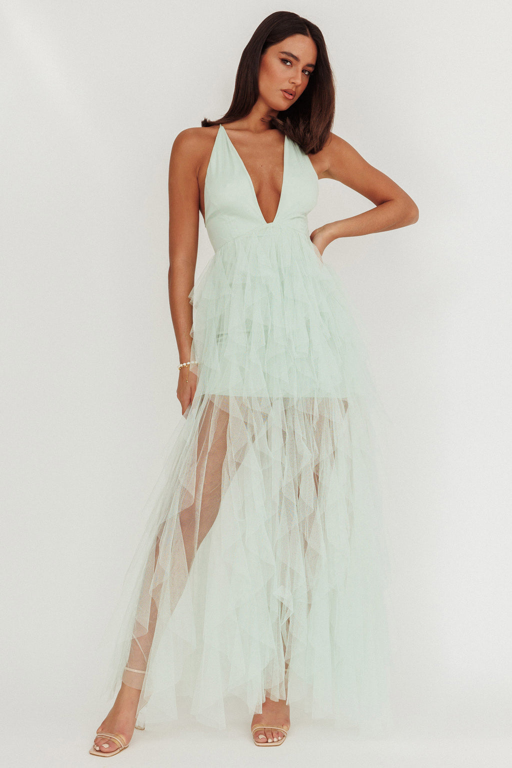 Auguste Cascading Frill Maxi Dress Mint by Selfie Leslie