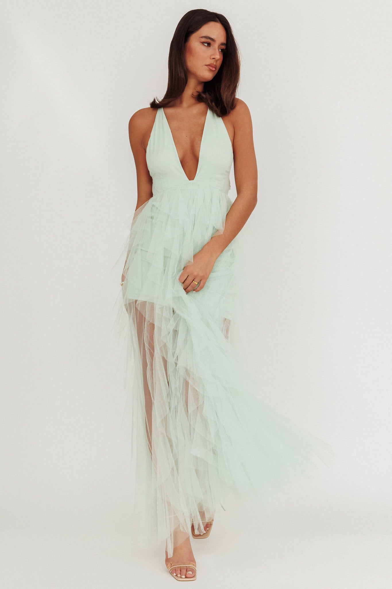 Auguste Cascading Frill Maxi Dress Mint by Selfie Leslie