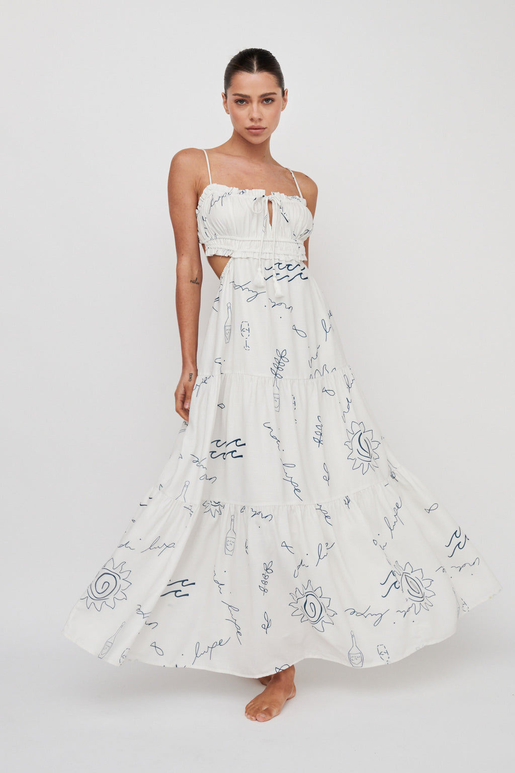Eyona Cut-Out Back Tie Maxi Dress Print Cream Blue by Selfie Leslie