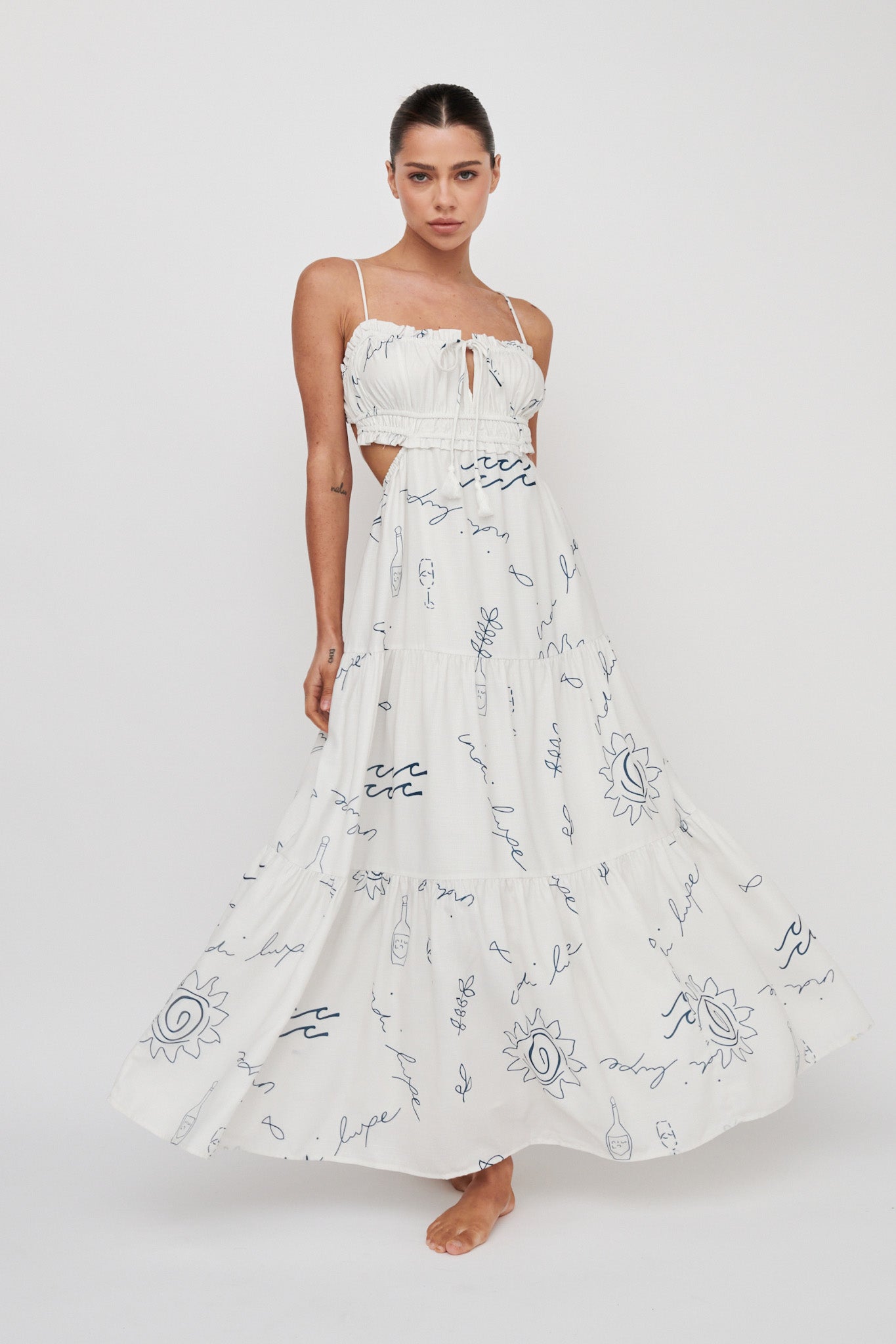 Eyona Cut-Out Back Tie Maxi Dress Print Cream Blue by Selfie Leslie