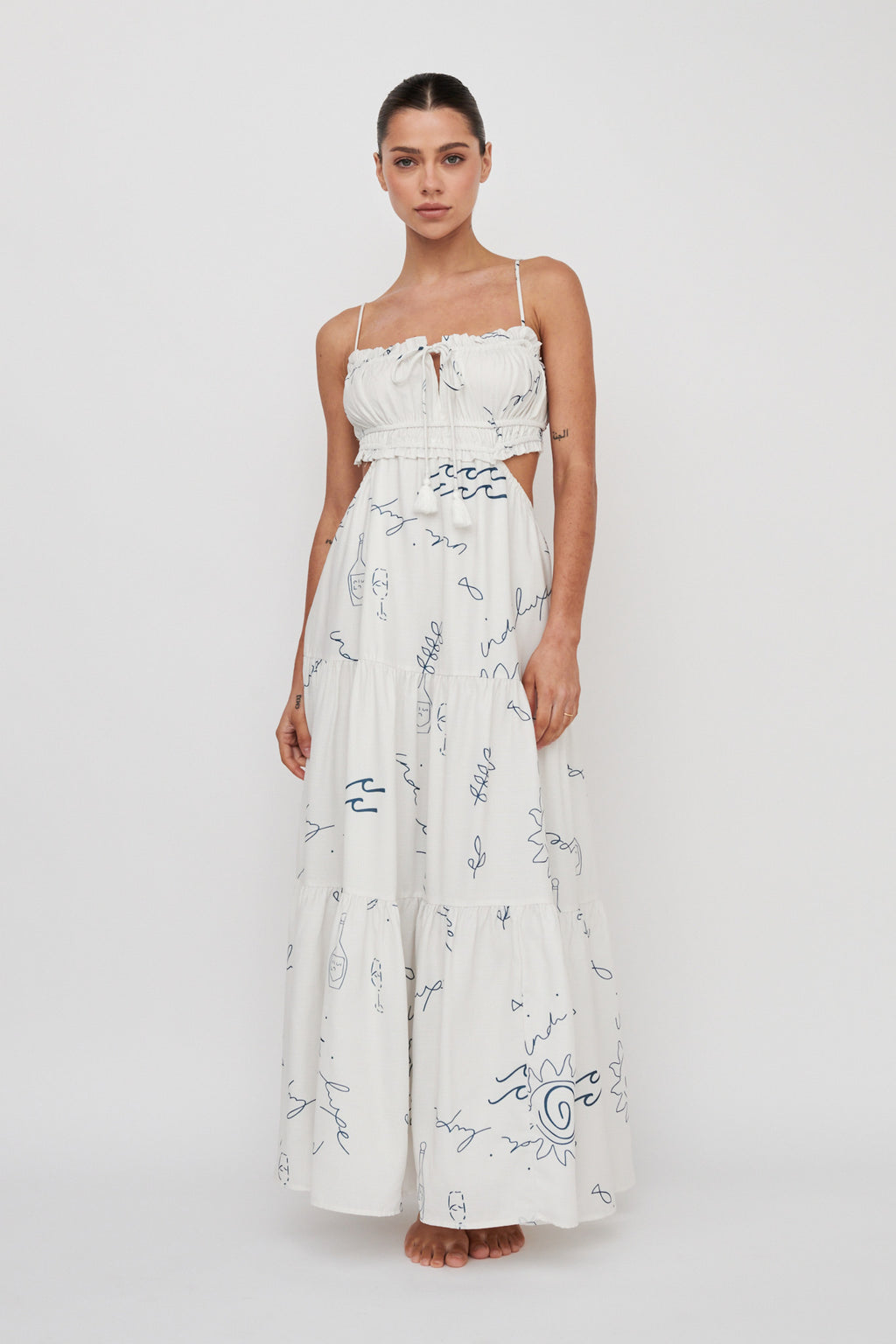 Eyona Cut-Out Back Tie Maxi Dress Print Cream Blue by Selfie Leslie
