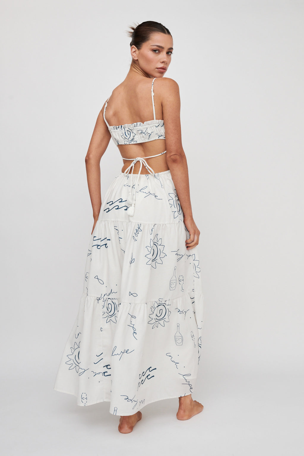 Eyona Cut-Out Back Tie Maxi Dress Print Cream Blue by Selfie Leslie