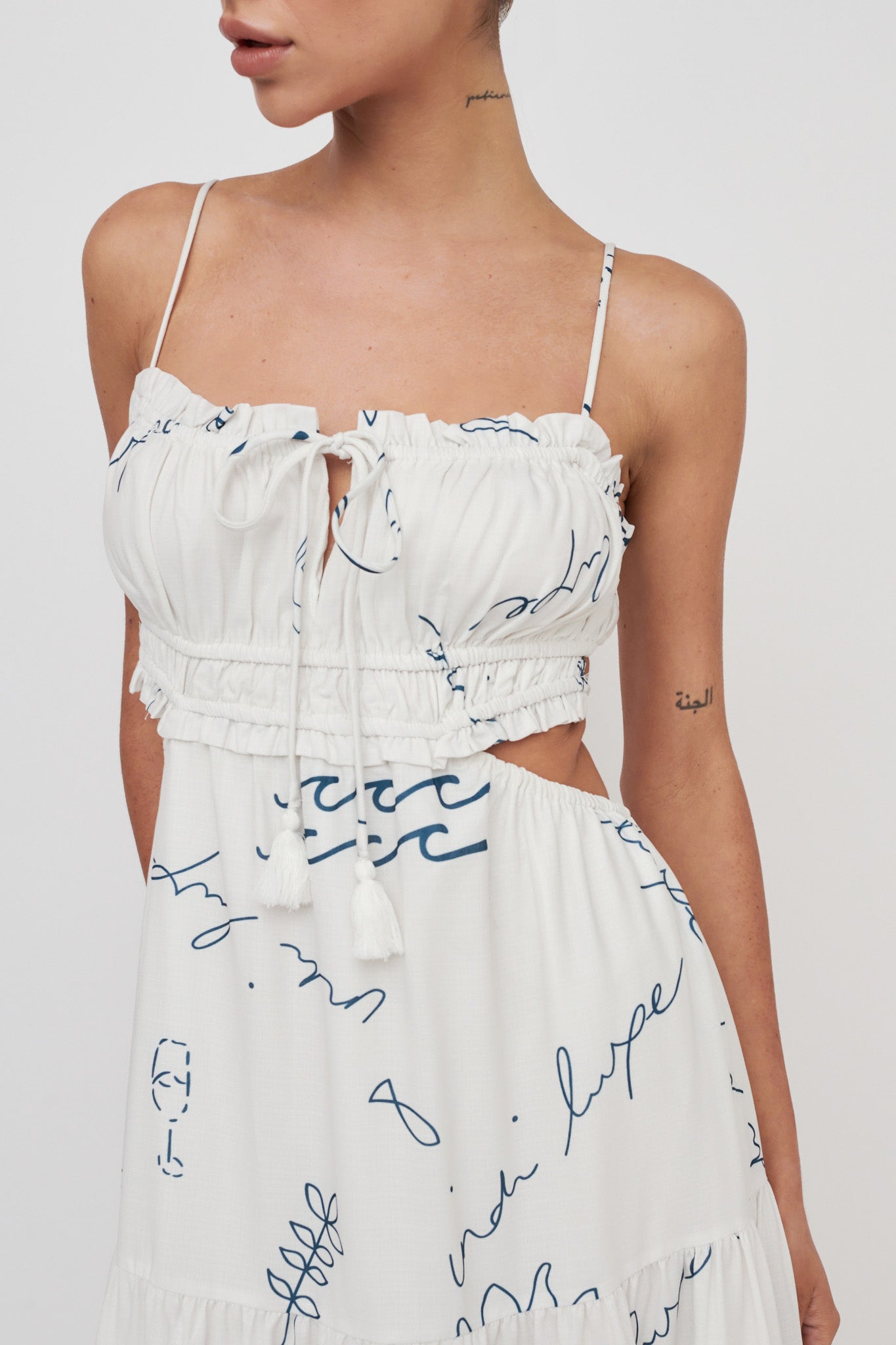 Eyona Cut-Out Back Tie Maxi Dress Print Cream Blue by Selfie Leslie