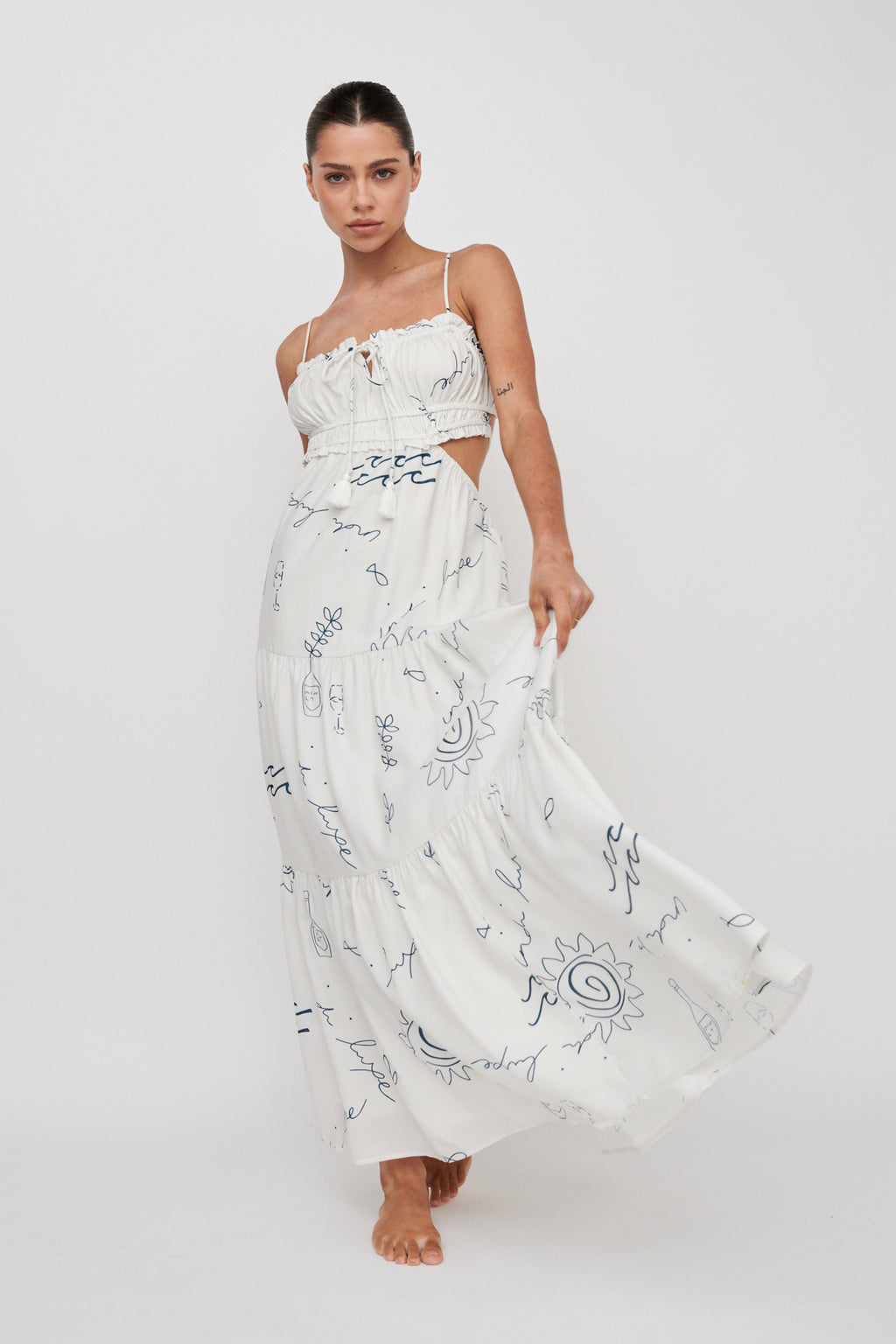 Eyona Cut-Out Back Tie Maxi Dress Print Cream Blue by Selfie Leslie