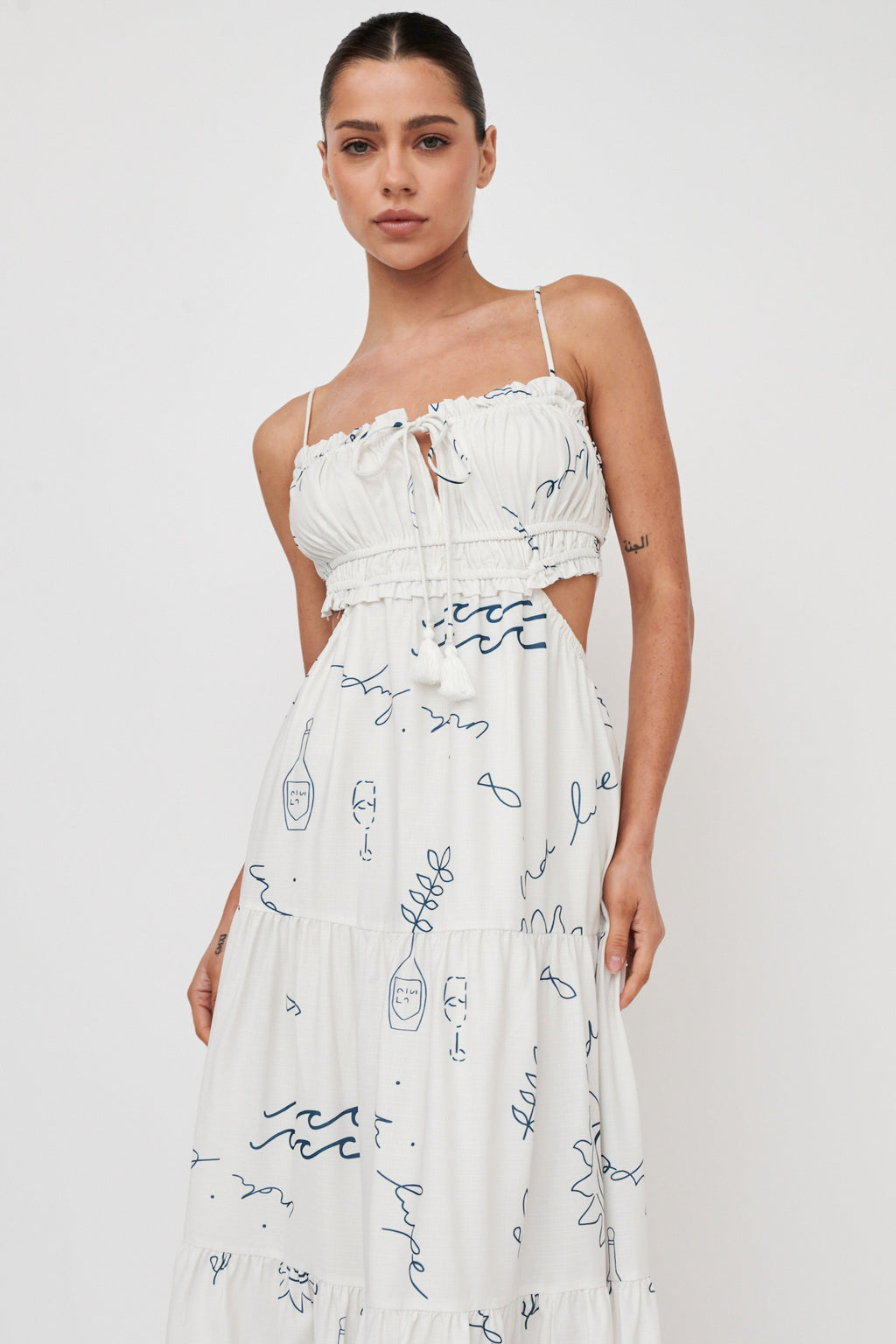 Eyona Cut-Out Back Tie Maxi Dress Print Cream Blue by Selfie Leslie