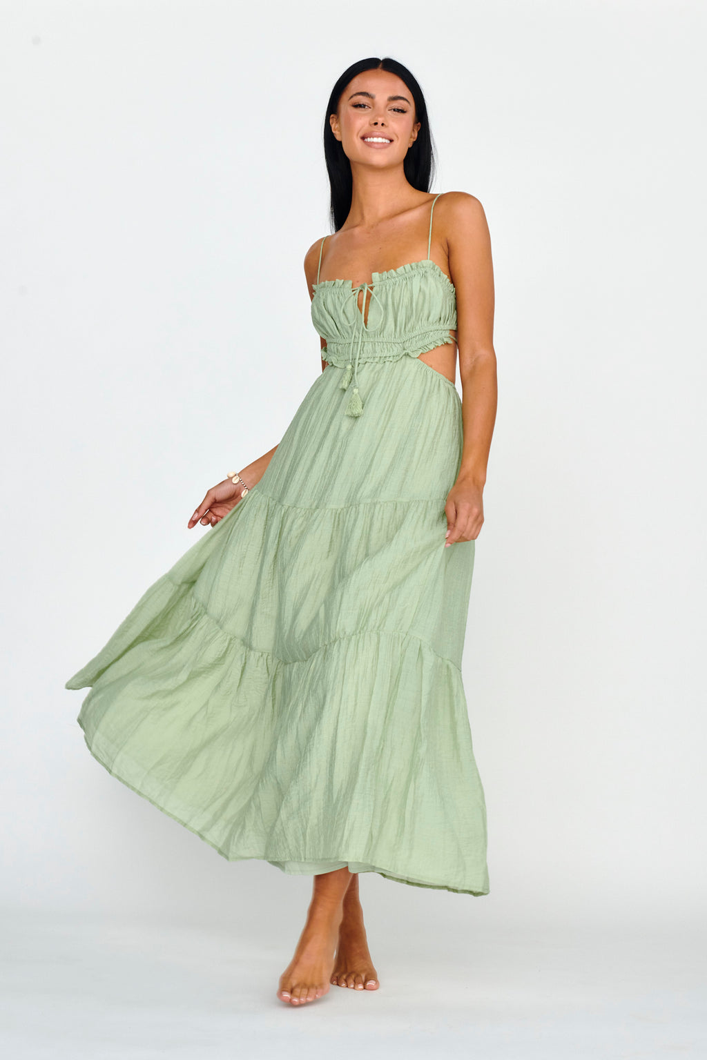 Eyona Cut-Out Waist Tie Maxi Dress Sage by Selfie Leslie