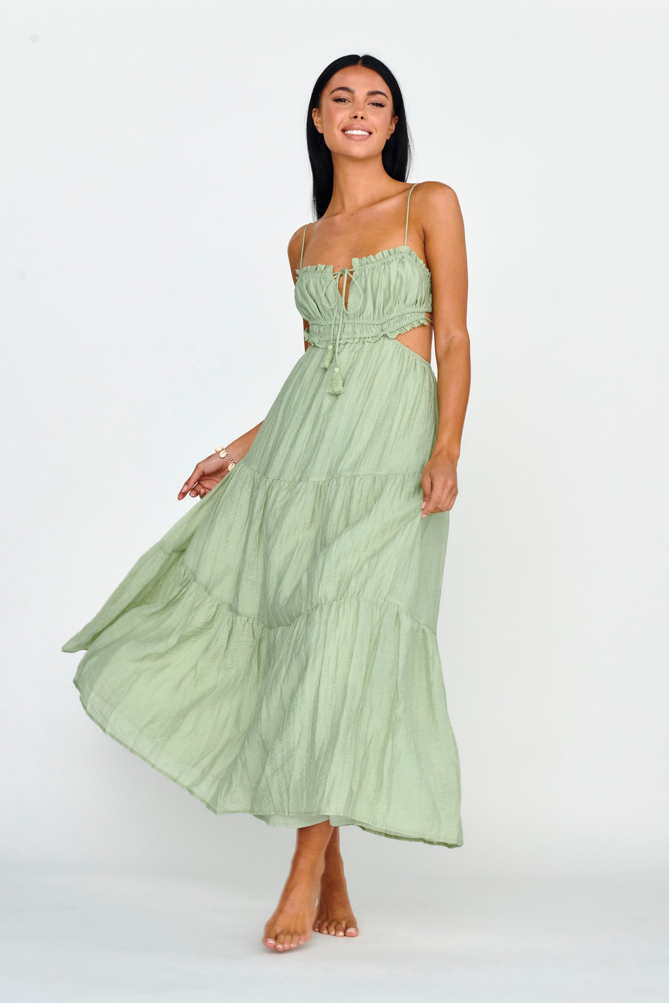 Eyona Cut-Out Waist Tie Maxi Dress Sage by Selfie Leslie