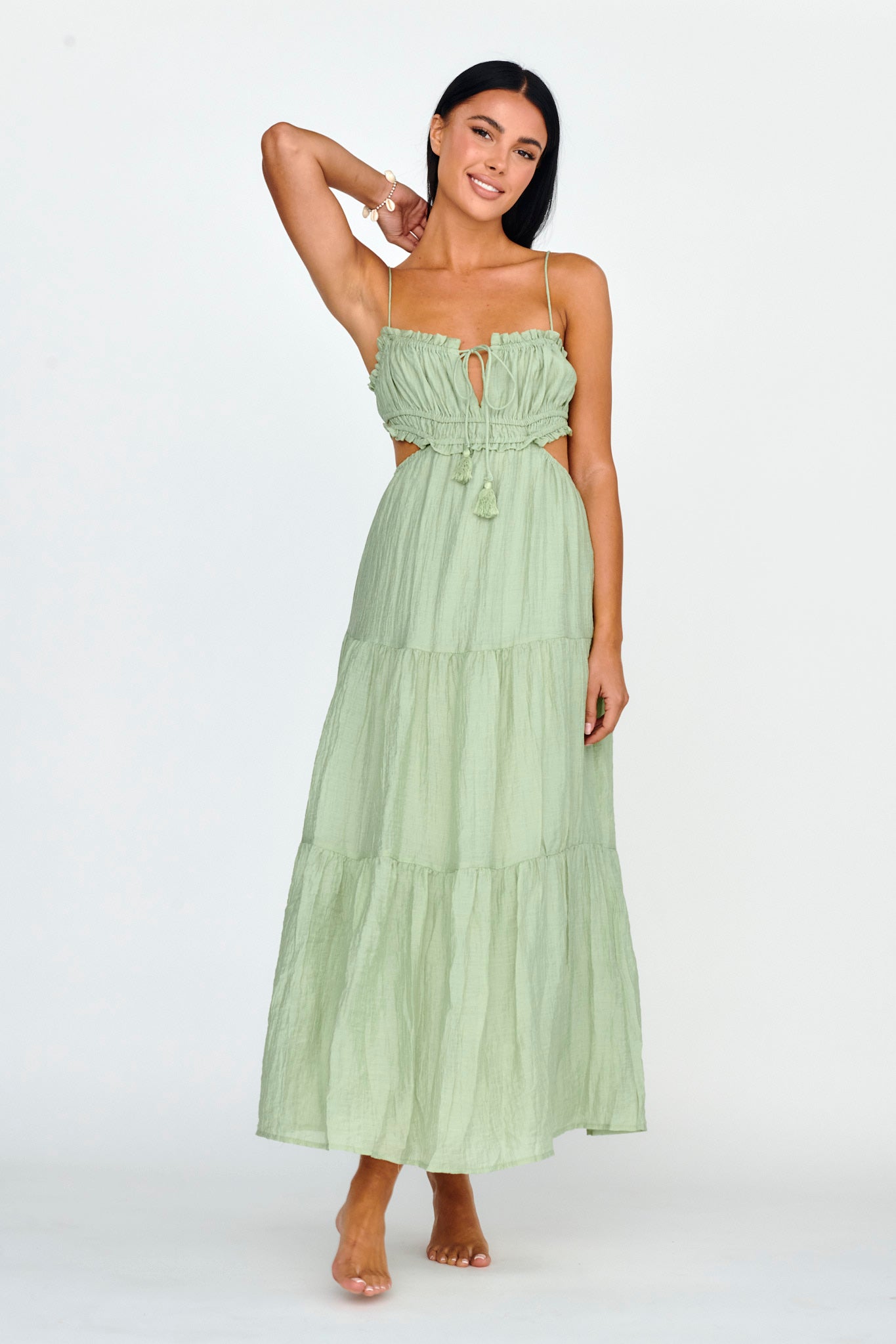 Eyona Cut-Out Waist Tie Maxi Dress Sage by Selfie Leslie