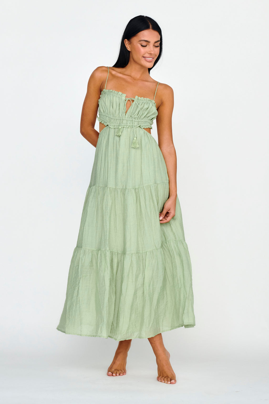 Eyona Cut-Out Waist Tie Maxi Dress Sage by Selfie Leslie