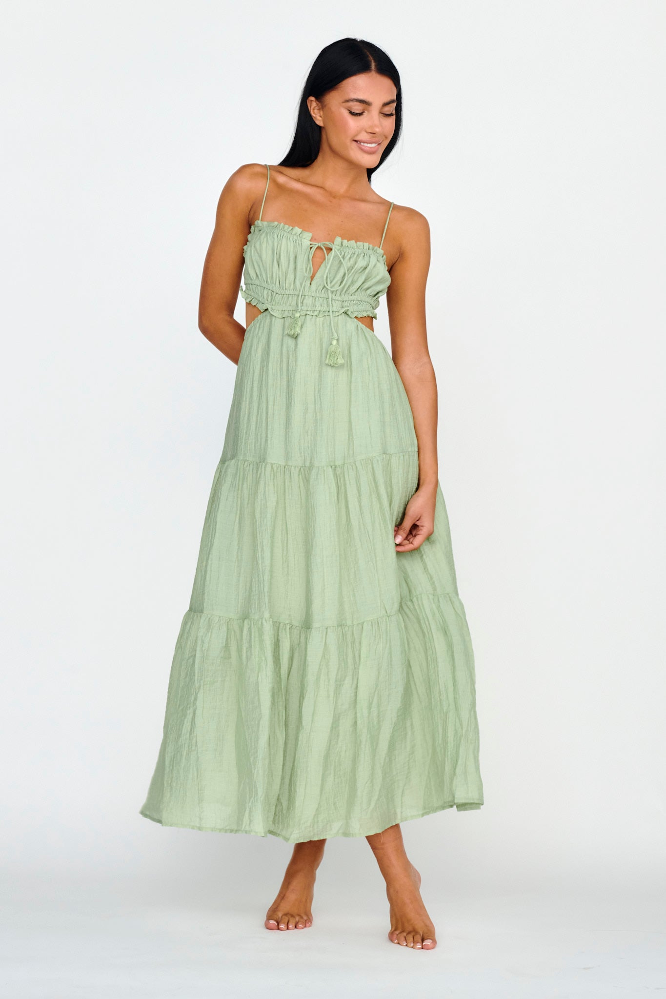 Eyona Cut-Out Waist Tie Maxi Dress Sage by Selfie Leslie