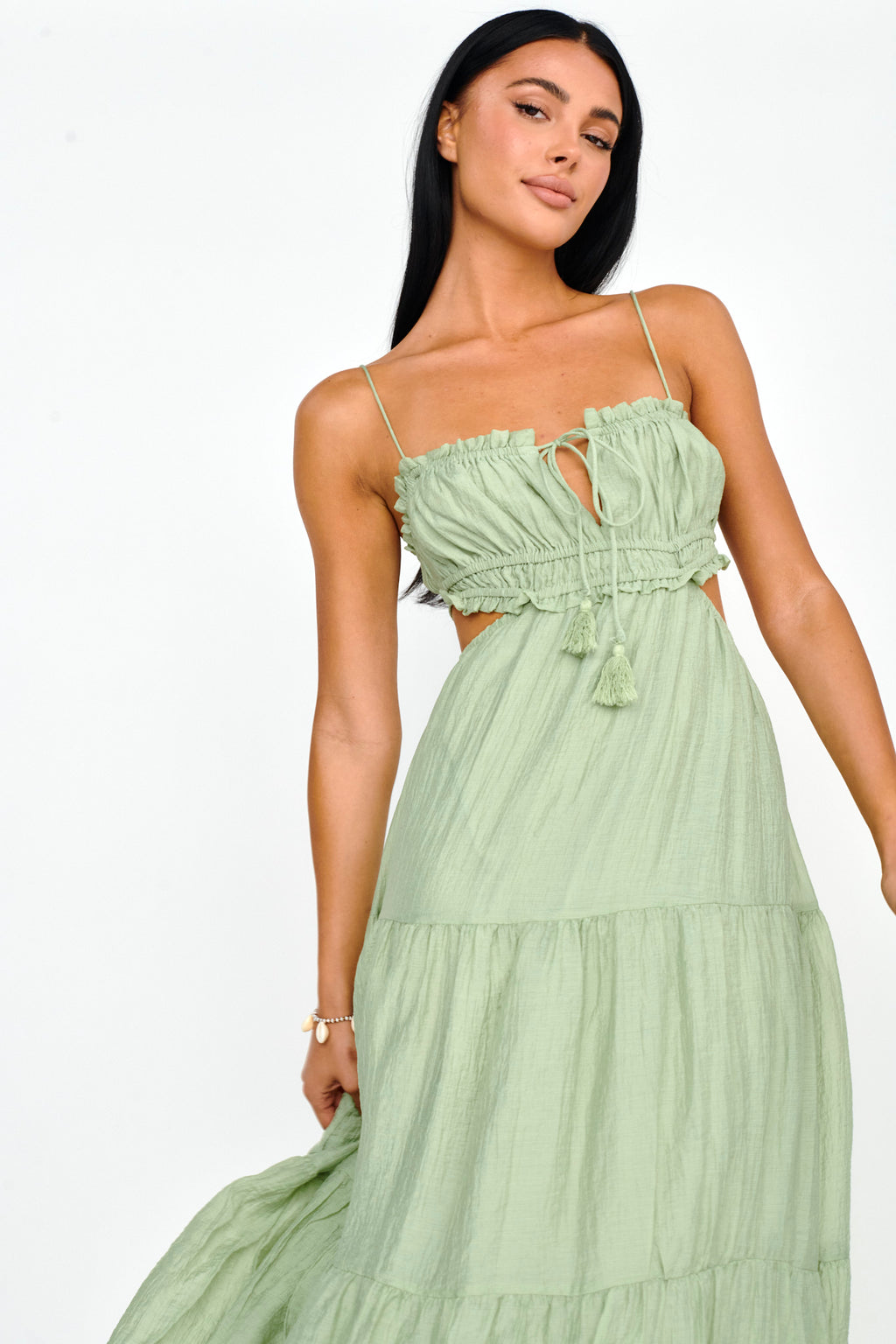 Eyona Cut-Out Waist Tie Maxi Dress Sage by Selfie Leslie