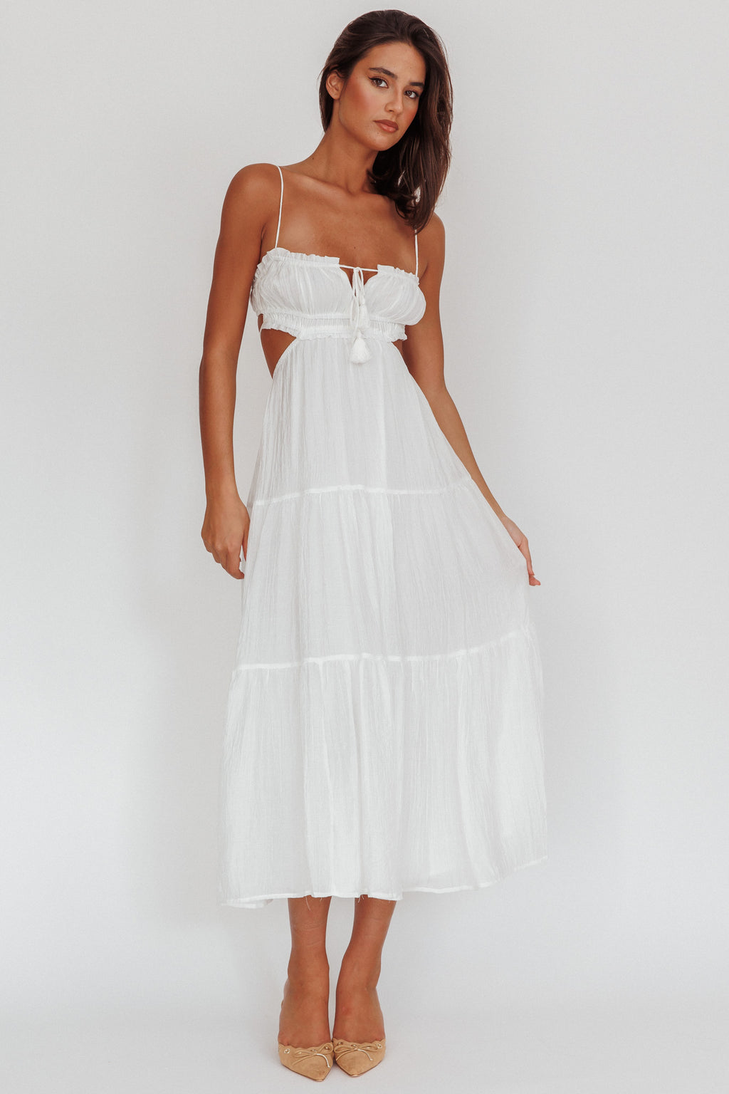 Eyona Cut-Out Waist Tie Maxi Dress White by Selfie Leslie