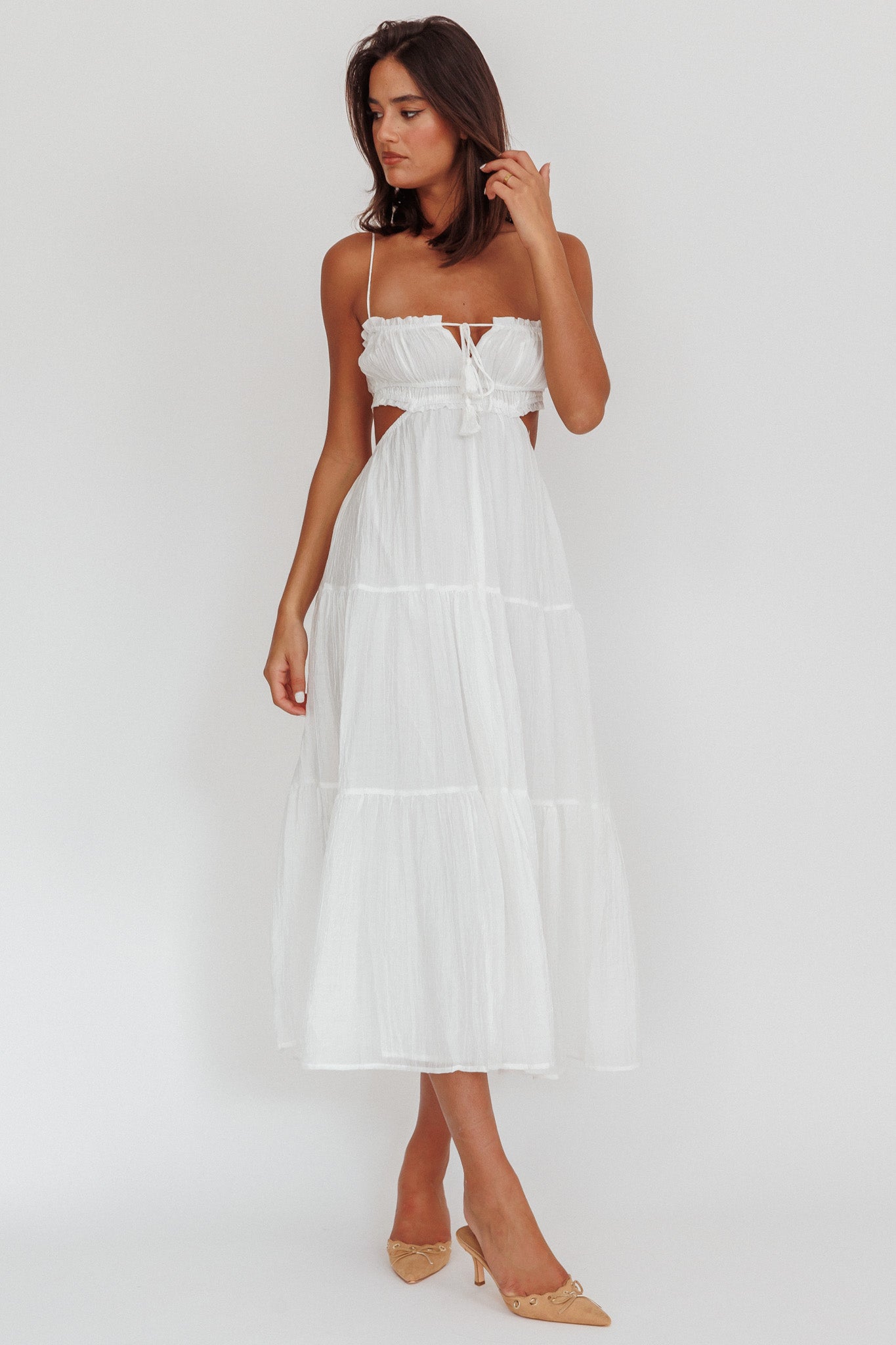 Eyona Cut-Out Waist Tie Maxi Dress White by Selfie Leslie